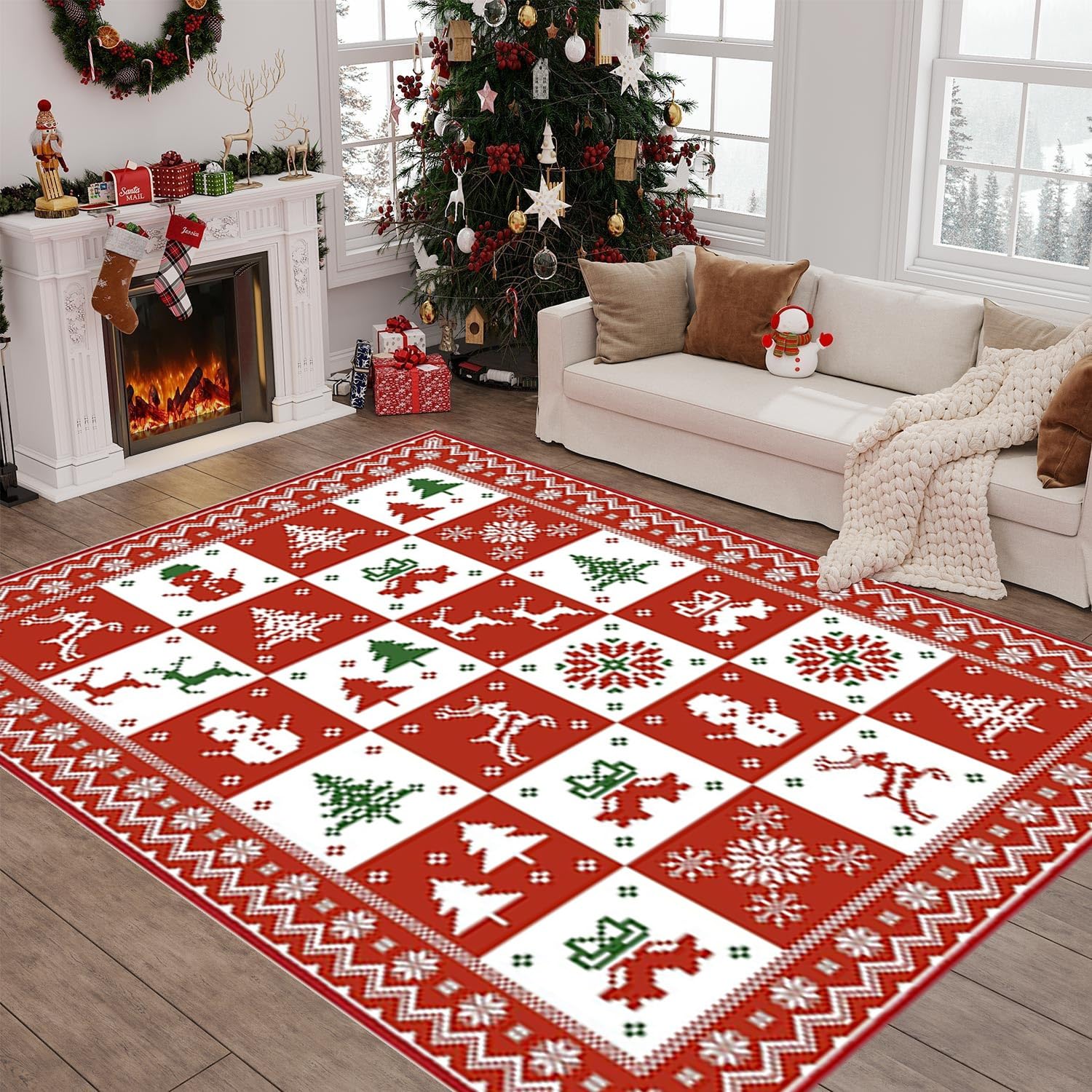 Christmas Pattern Red Area Rug, Christmas Tree Snowman Snowflakes Rug Boho Holiday Print Red Carpet, Non Slip Machine Washable Rug with Rubber Backing for Bedroom Nursery