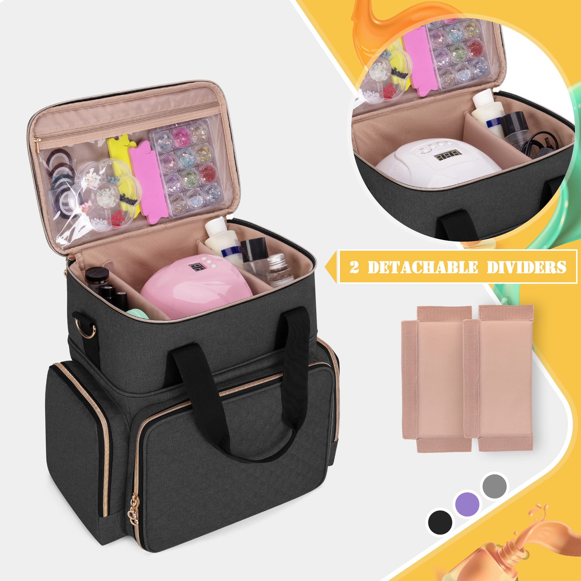 Luxja Nagellack Tasche, Nagellack Aufbewahrung Tasche für 70 Flaschen Nagellack und Nagellampe, Nagellack Organizer Tasche für Nageltrockner und Nagellack Zubehör, Schwarz