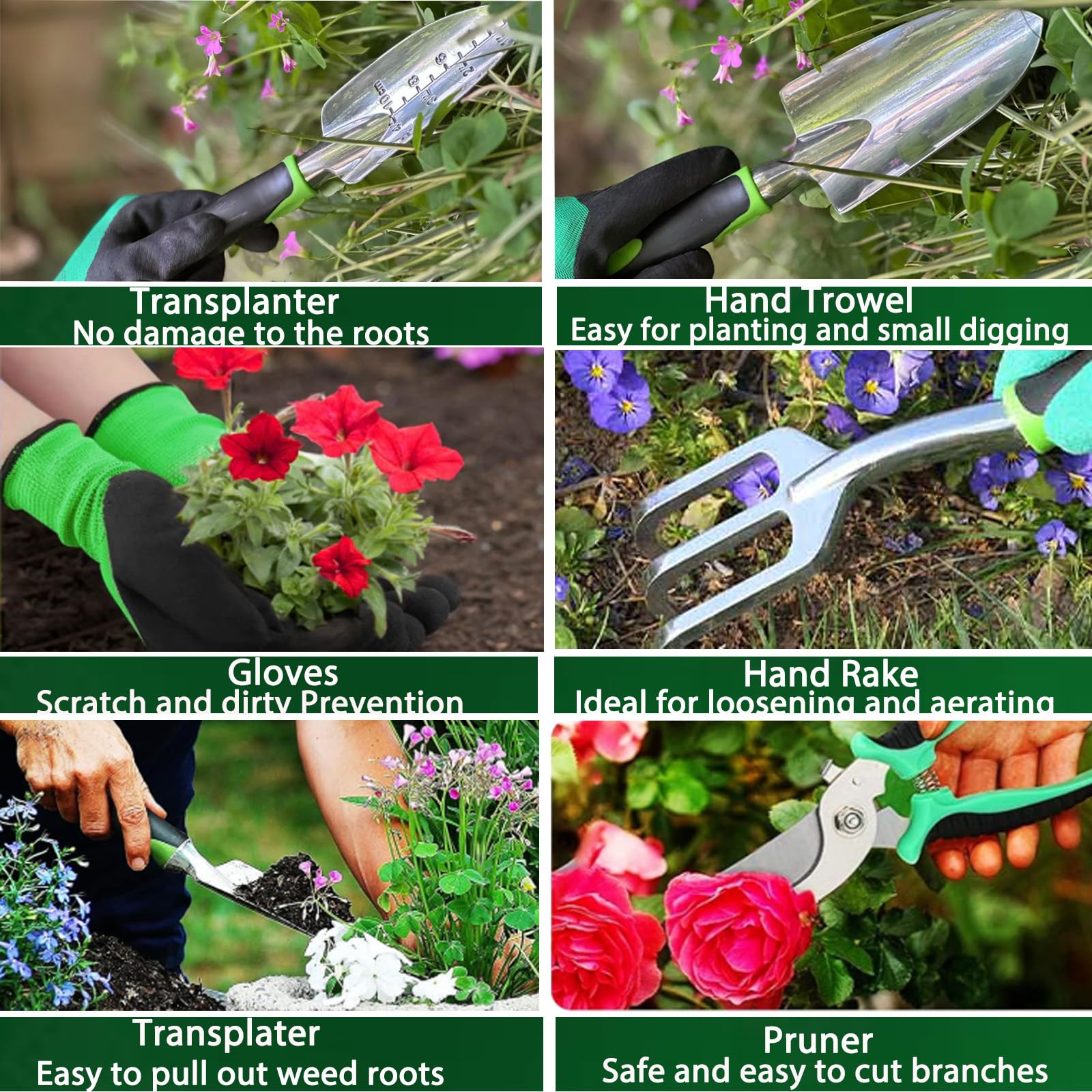 Herramientas de jardín, juego de 7 herramientas manuales de jardinería, juego de regalo de aleación de aluminio ligero a prueba de óxido con bolsa de almacenamiento duradera, mango ergonómico