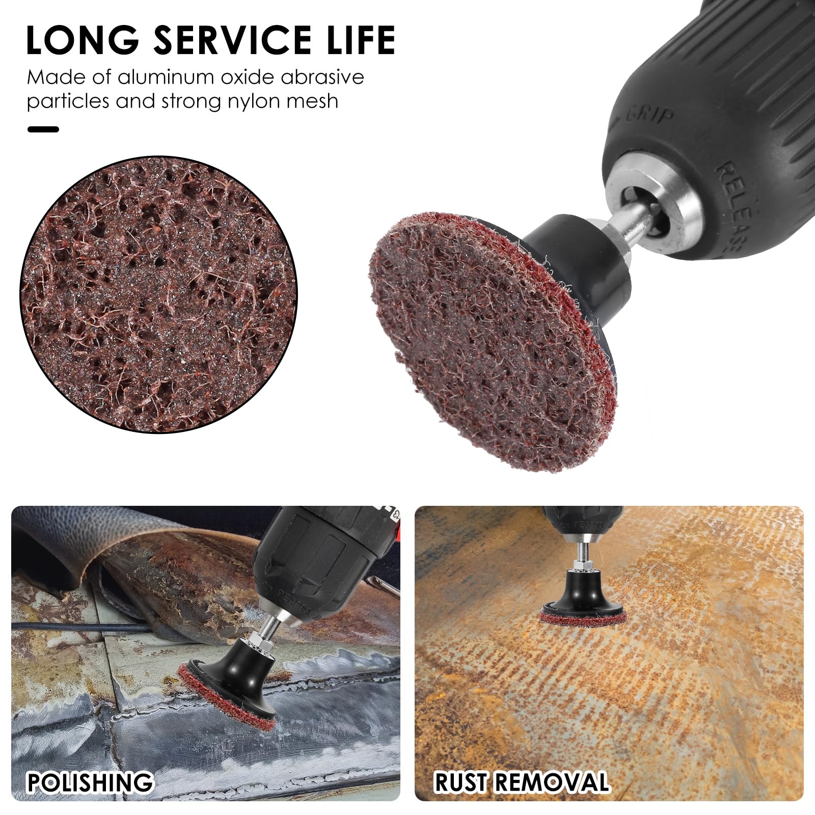 180 discos de lijado de nailon de 2 pulgadas con grano fino, medio y grueso y dos soportes de 1/4 pulgadas. Ideal para desbarbar y lijar plástico, vidrio y más. Fácil de cambiar para un