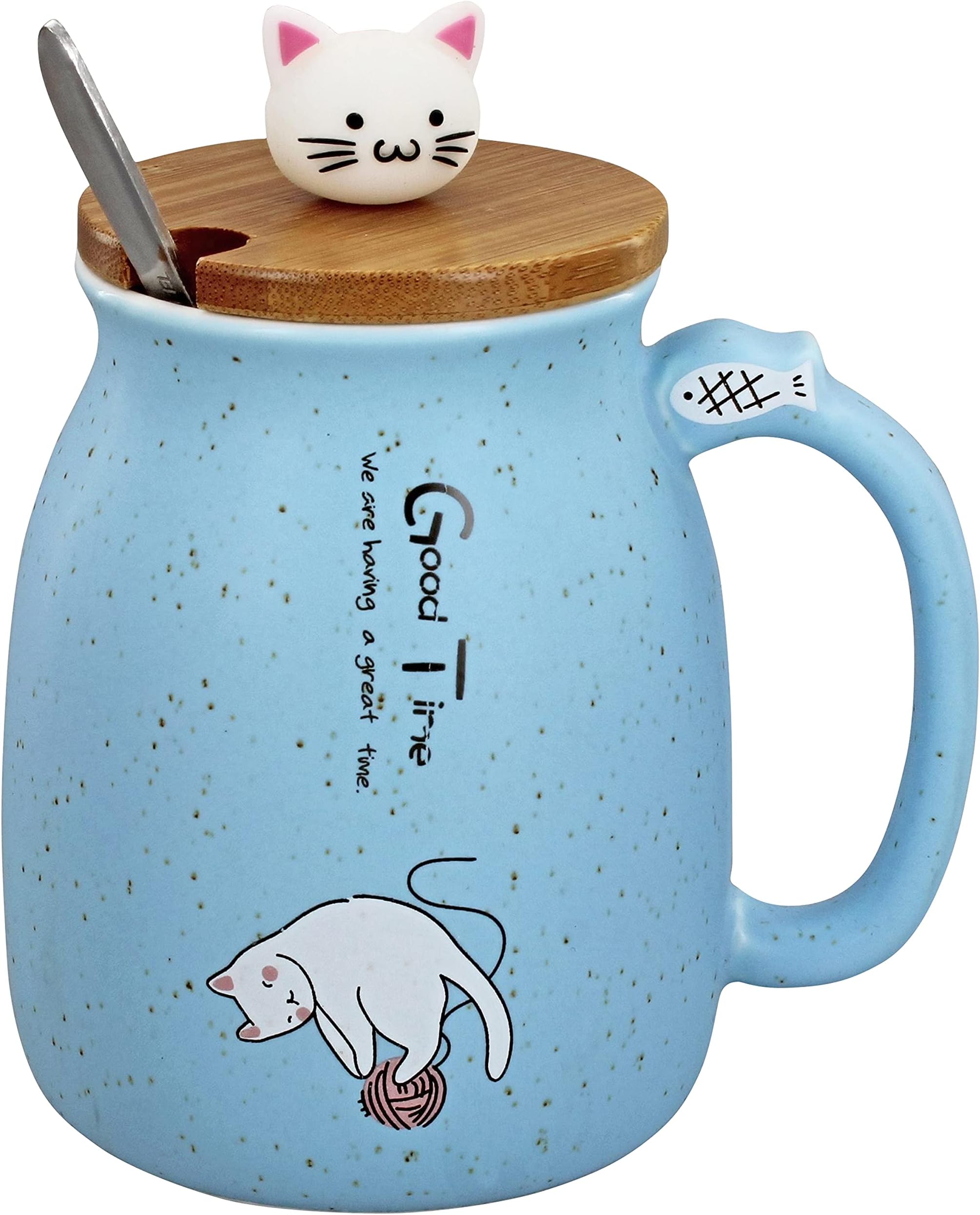 Cute Cat Tea Coffee 500ml Ceramic Mug Cup, Matching Wooden Lid and Metal Spoon, Novelty Drinkware for Morning or Evening Drink (Blue)