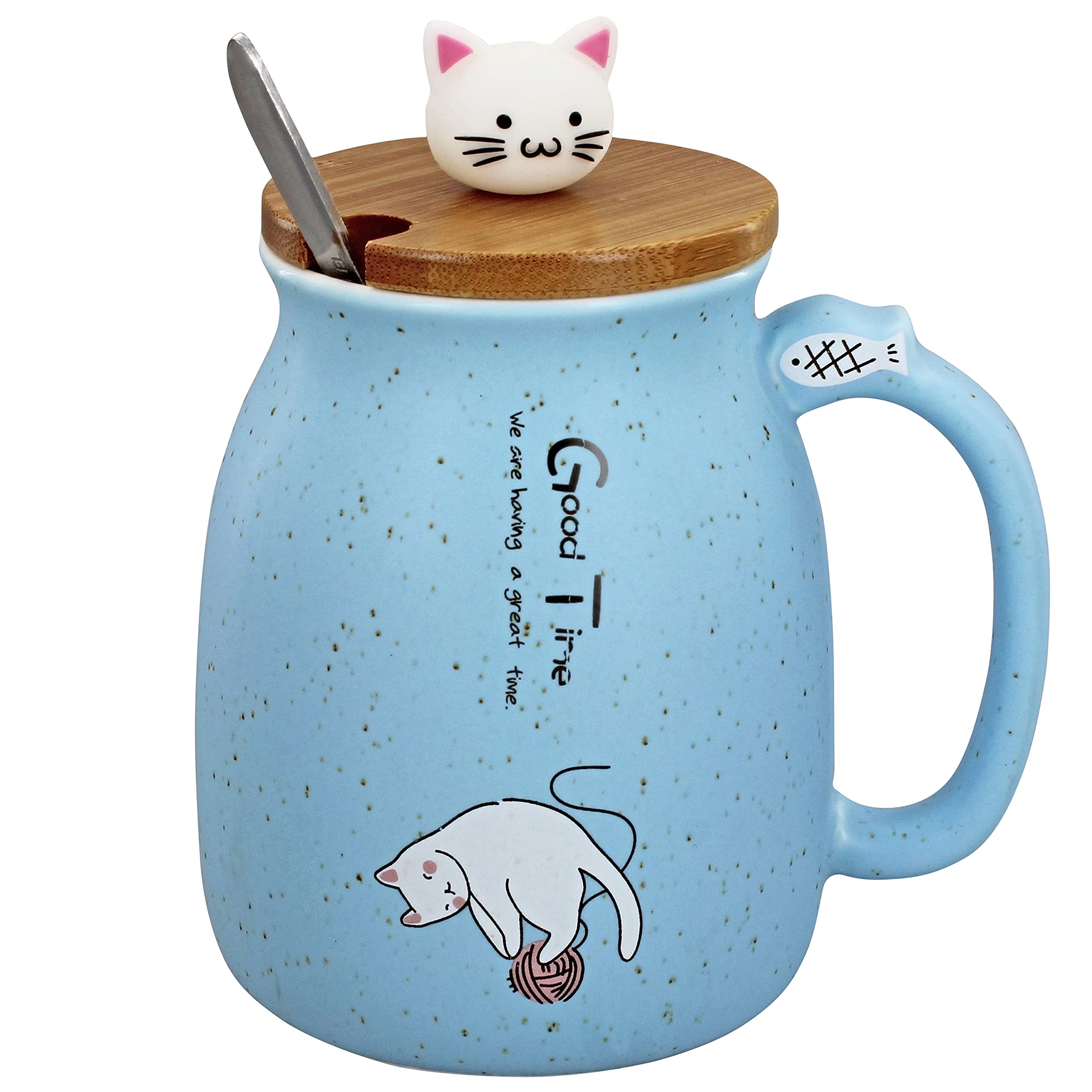 Cute Cat Tea Coffee 500ml Ceramic Mug Cup, Matching Wooden Lid and Metal Spoon, Novelty Drinkware for Morning or Evening Drink (Blue)