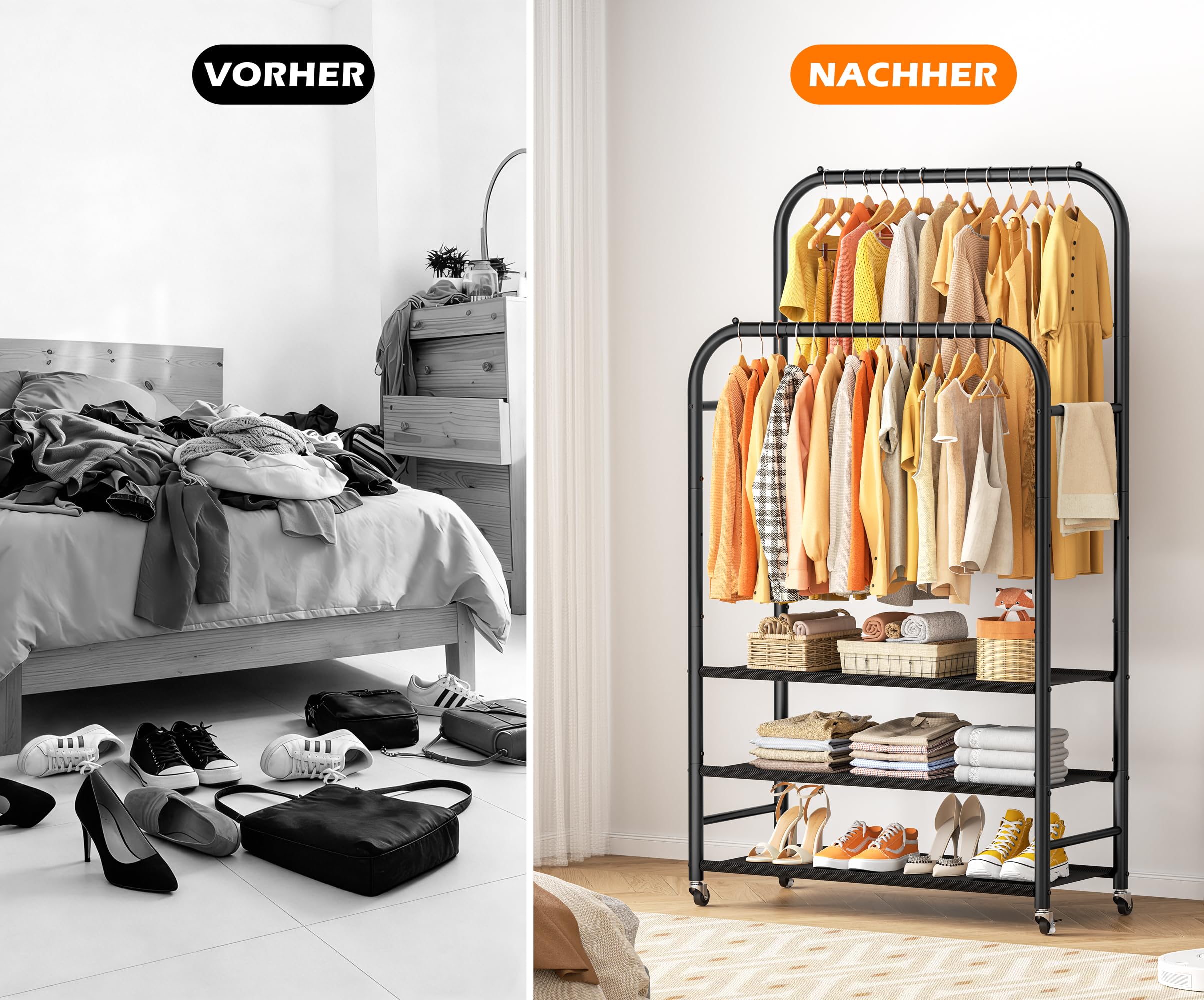HOMIDEC Kleiderständer mit 3 Ablagen, Doppelstange Kleiderstange auf Rollen, Metallrahmen, Geeignet für Schlafzimmer, Waschküche, Wohnzimmer, Bekleidungsgeschäfte, bis 80 kg Belastbar, Schwarz