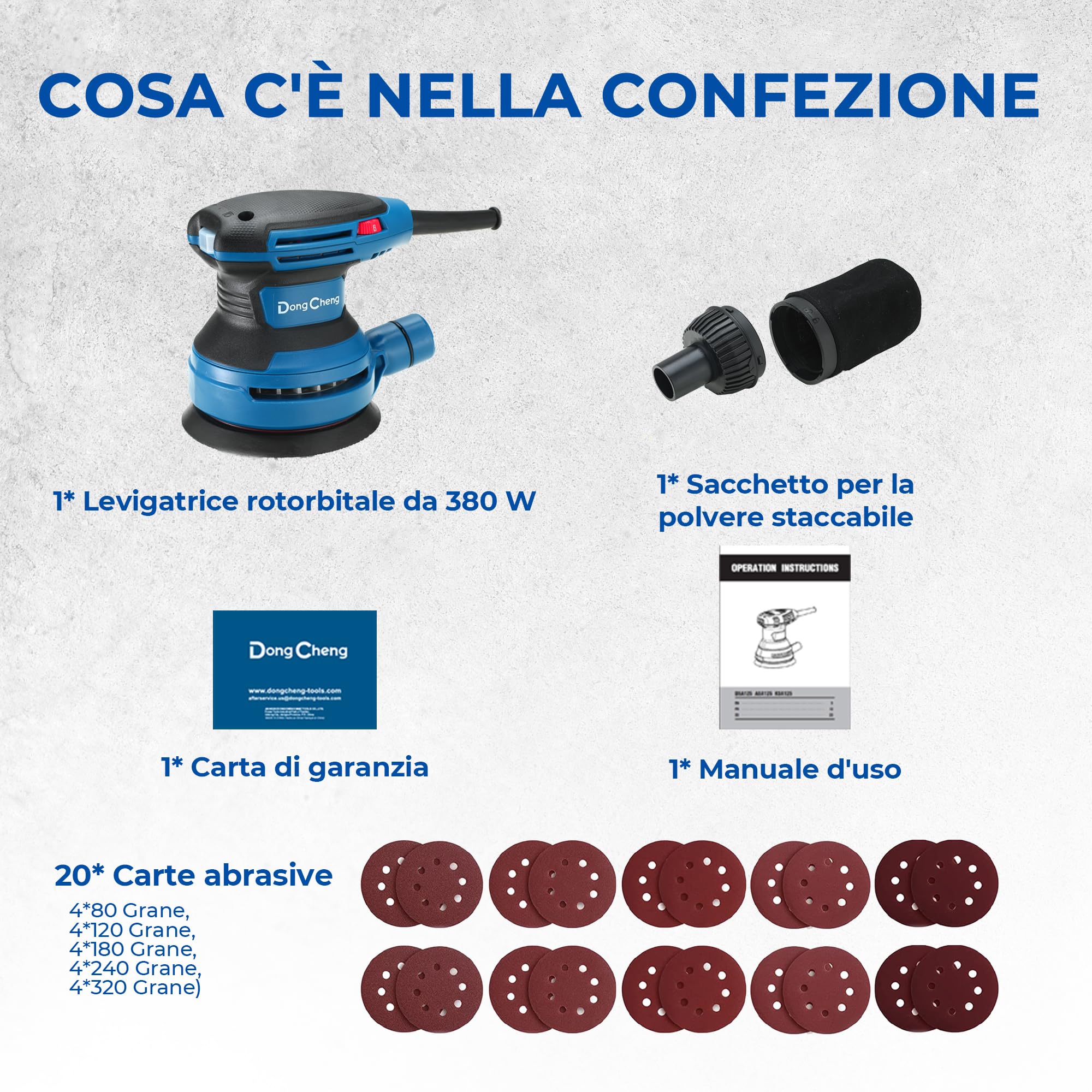 Dong Cheng Levigatrice eccentrica 380 W, 125 mm, 6 vel., orbitale 8000-12800 giri/min, con depolveratore, 20 dischi abrasivi, ideale per legno