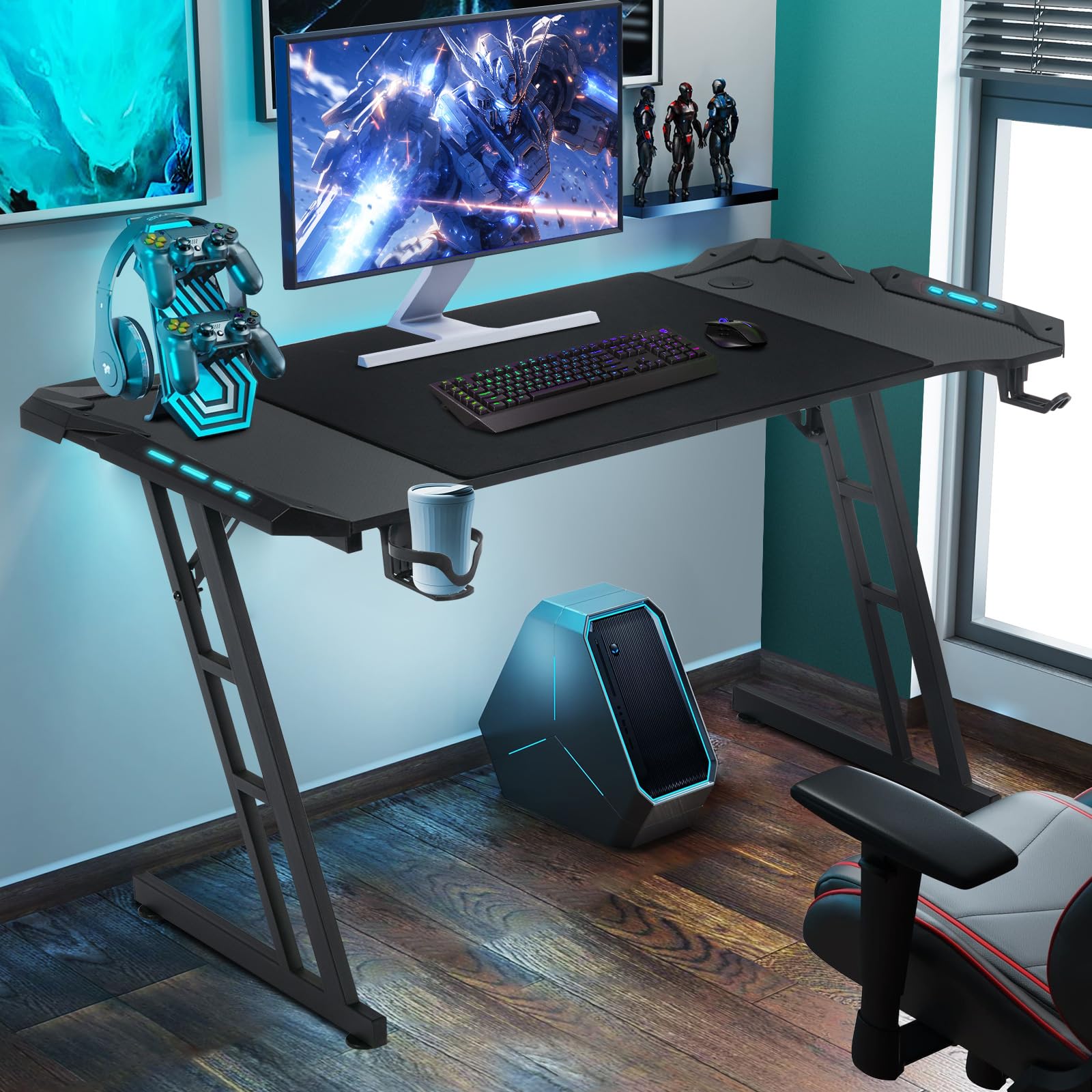 Escritorio Gaming con LED 120×60 cm, Escritorio Gamer con Gestión de Cables, Mesa Gaming con Portavasos y Soporte para Auriculares-en Forma de Z, Escritorio Ordenador de Fibra de Carbono Ergonomicas