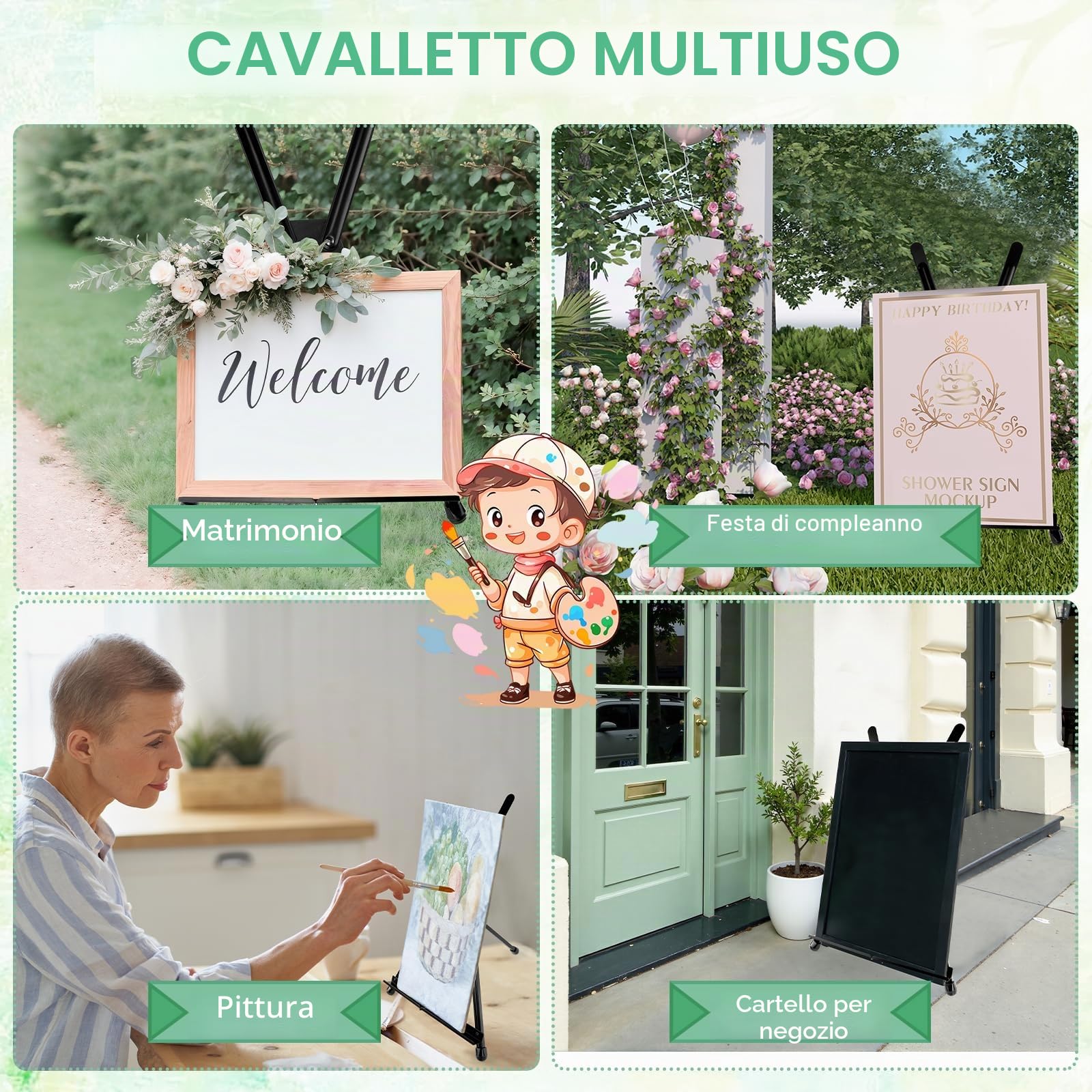 Cavalletto Pittura, Cavalletto da Tavolo per Dipingere, Pieghevole Cavalletto Portatile, cavalletto da tavolo, Telescopico da Pavimento per Matrimoni, Poster, Interni, Esterni, Nero
