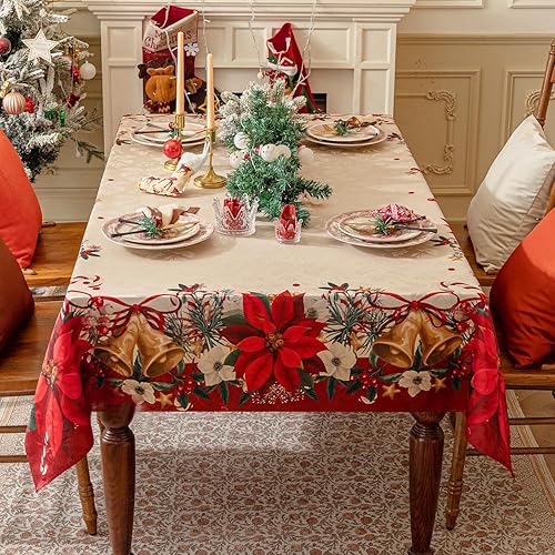 Miniatura 2 de Softalker Christmas Jacquard Tablecloth Rectangle, Floral Table Cloth with Christmas Red Poinsettia Flower Patterns for Dining Room &amp; Holiday