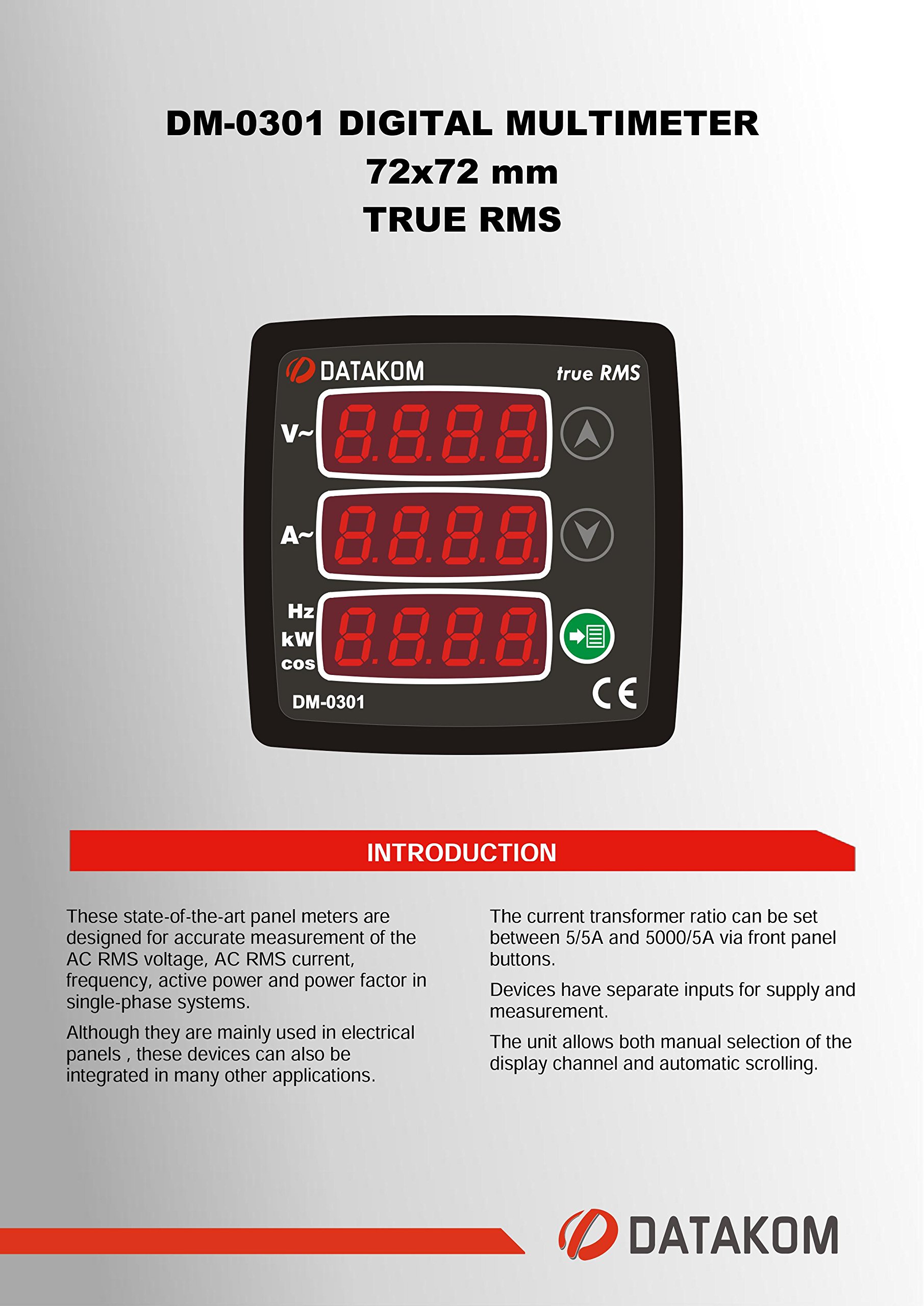 DATAKOM DM-0301 Single-Phase Digital Multimeter Panel, 170-275V Power Supply