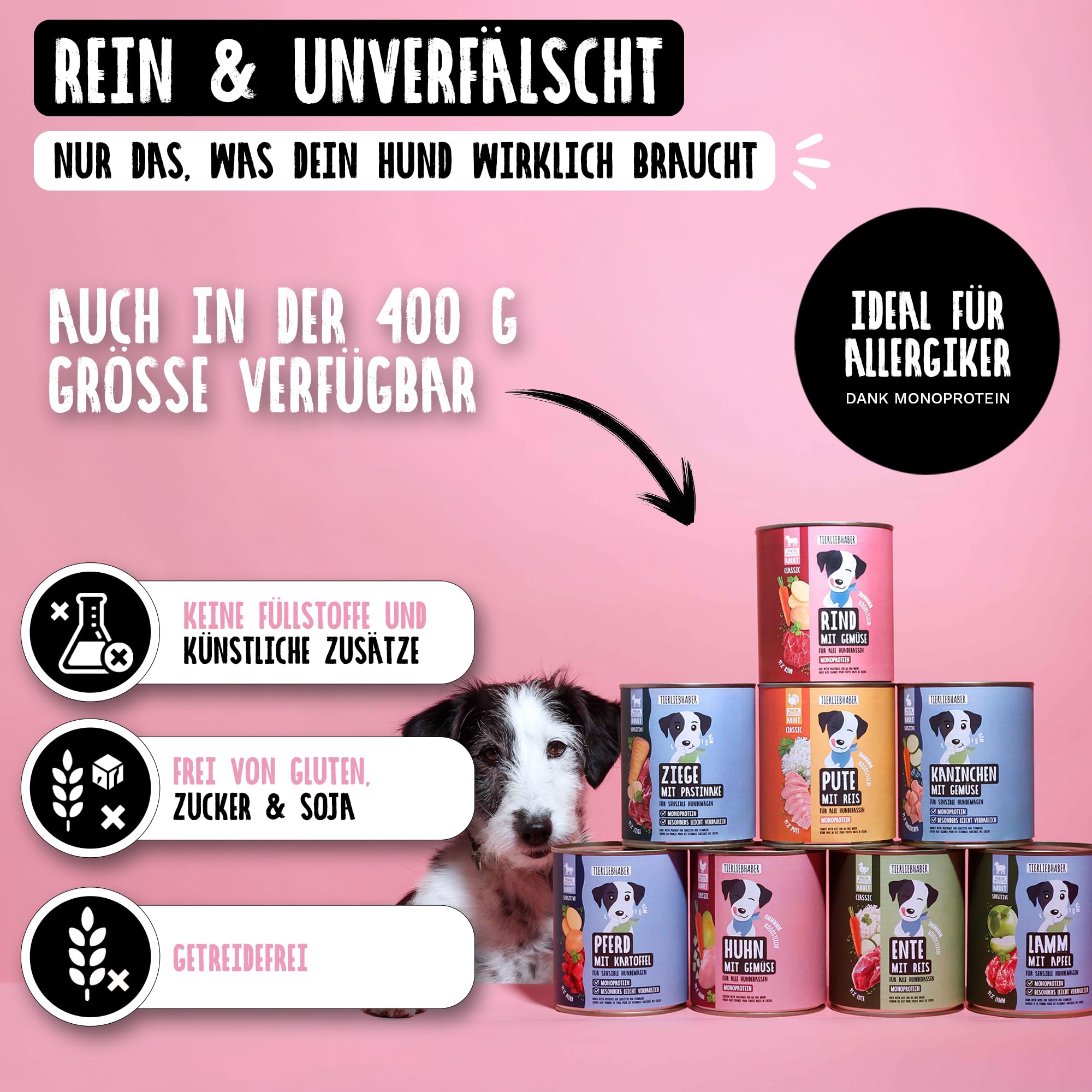 Hundefutter Nass 800g Probierpaket 8 Sorten – Hunde Nassfutter Wet Dog Food | Tierärztlich entwickeltes Hundenassfutter 800g Dosen mit hohem Fleischanteil – Leicht verdaulich von TIERLIEBHABER