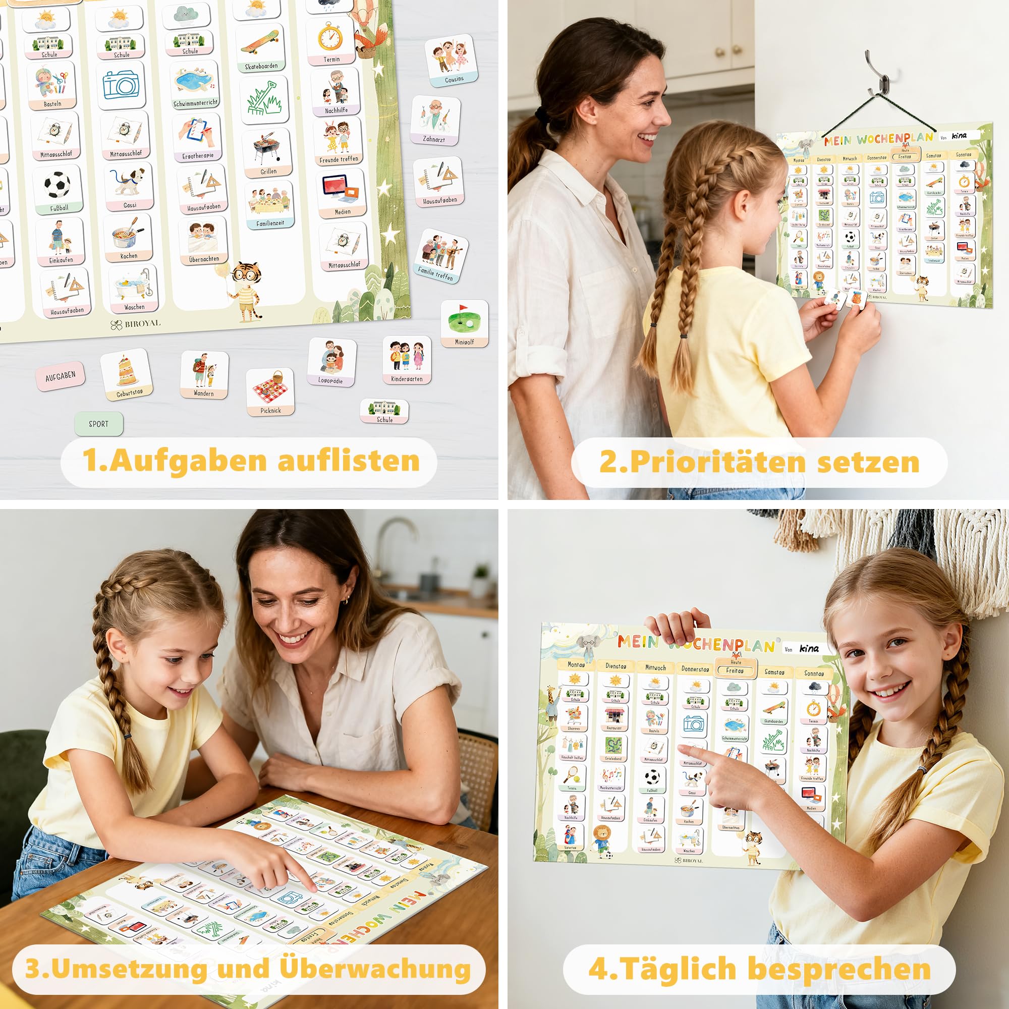 BIROYAL Wochenplaner für Kinder | Montessori Magnettafel inkl. 186 Magnete & Kordel | Kalender beschreib & abwischbar | magnetisches Lernspielzeug auf Deutsch für Kinder