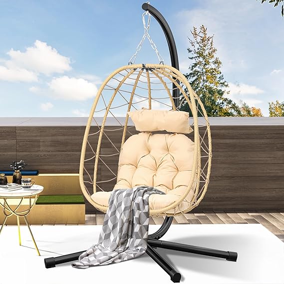 DWVO Egg Hanging Swing Chair with Stand Egg Chair Wicker Egg Chair with Cushions 330lbs for Patio, Bedroom, Garden and Balcony, Beige