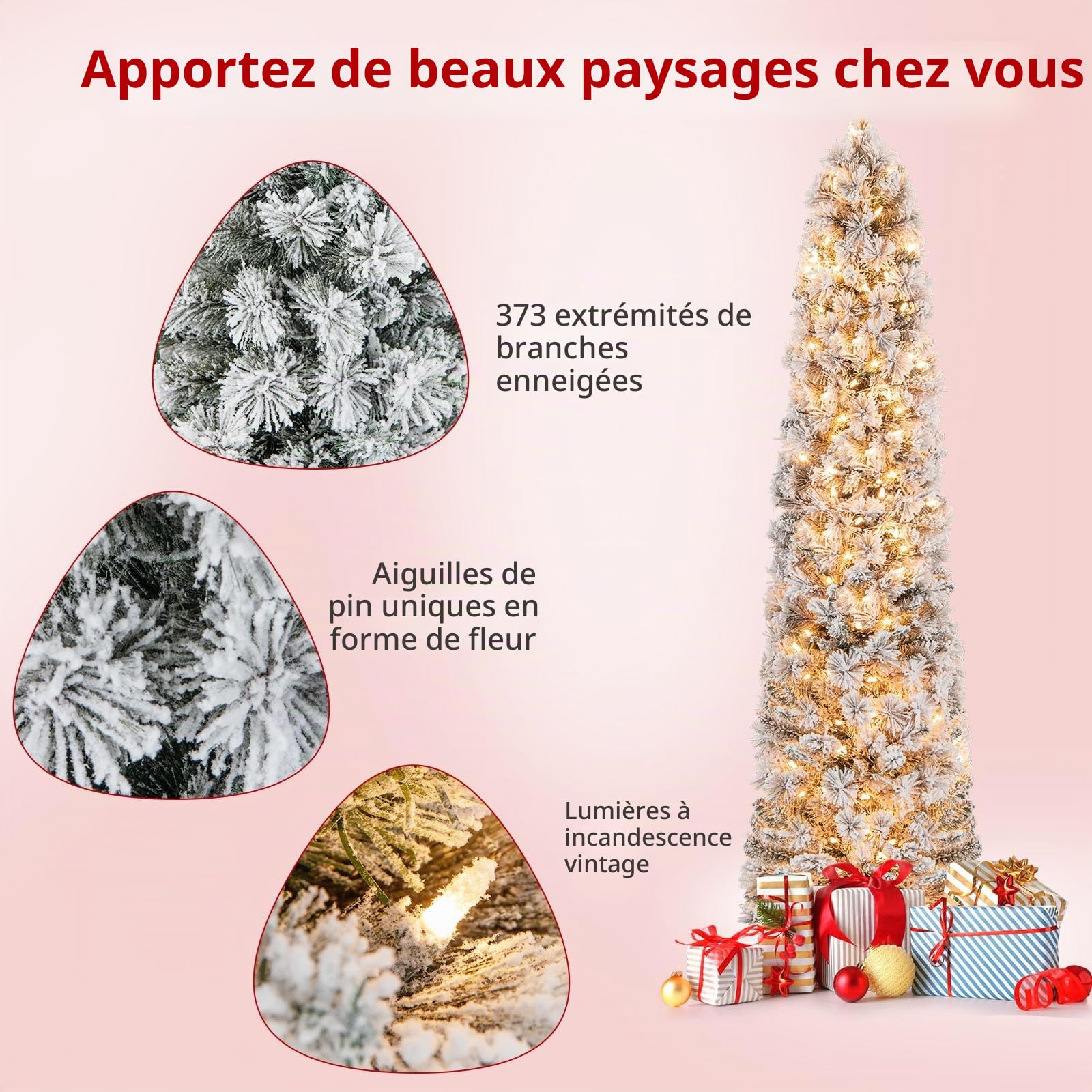 LIFEZEAL Sapin de Noël Fin Artificiel Enneigé 180cm avec 150 LED | Arbre de Noël avec 373 Branches de Pin Épaisses pour Intérieur et Extérieur