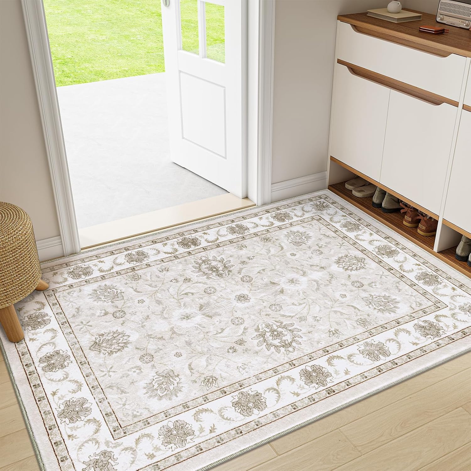 Smiry Floral Area Rug, 3x5 Feet Vintage Print Pattern, Machine Washable Non-Slip Floor Carpet, Low Pile Throw Rugs for Living Room, Bedroom, Dining Room, Laundry Indoor Home Decor, Beige Beige Floral Rectangular 3' x 5' (Rectangular)