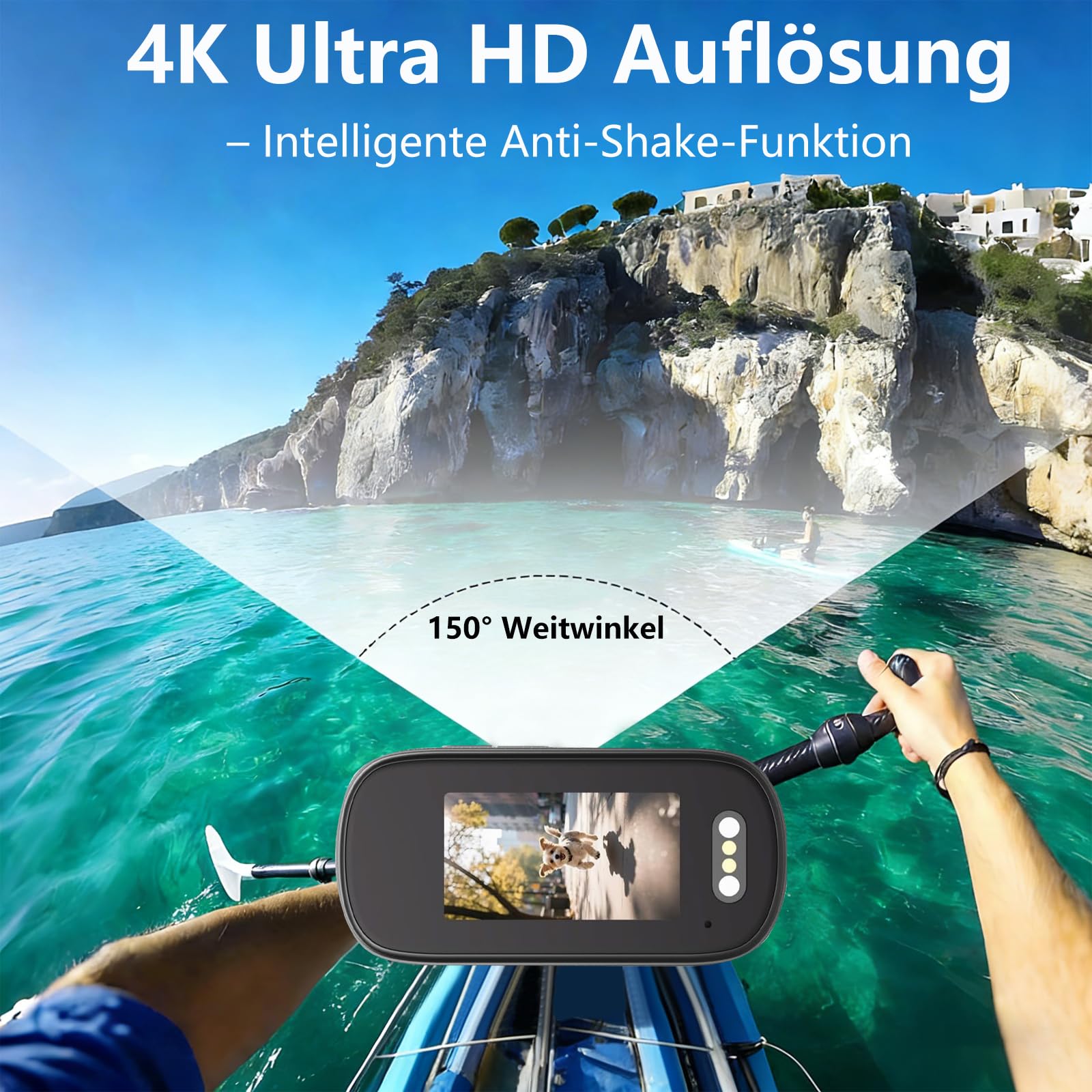 Mini Action Cam 4K WiFi mit Bildschirm und wasserfestes Gehäuse, 64GB UHD 150° Weitwinkel IP65 Bodycam, Tragbare Anti-Shake Helmkamera Motorrad für Sport & Outdoor-Aktivitäten (64G Card)