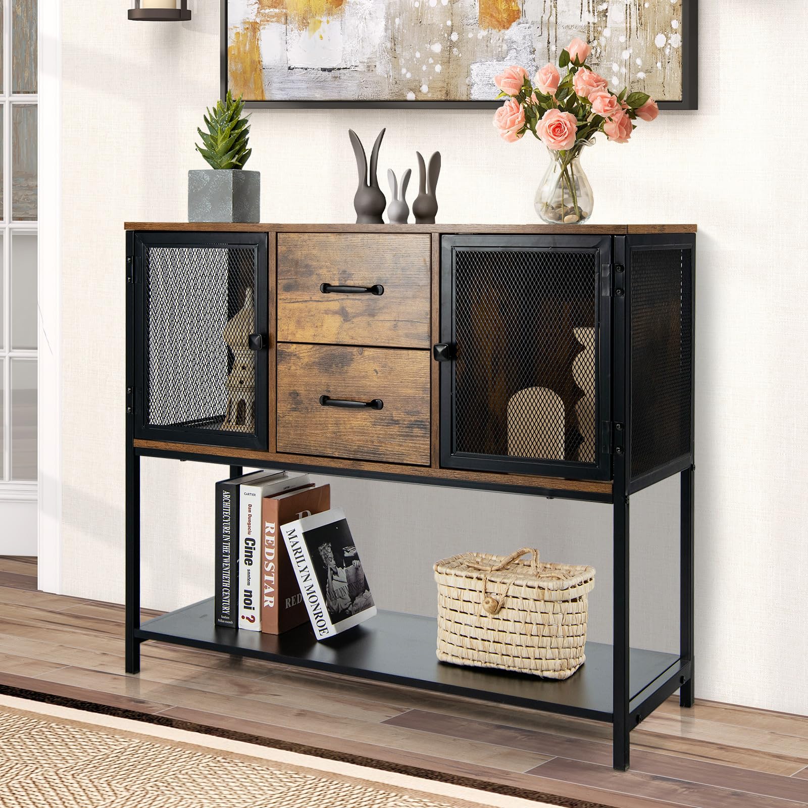 COSTWAY Aparador con 2 Cajones Extraíbles y Repisa Inferior, Mueble Multifuncional para Salón Comedor, Armario de Cocina, Marrón Rústico 100 x 35 x 85 cm