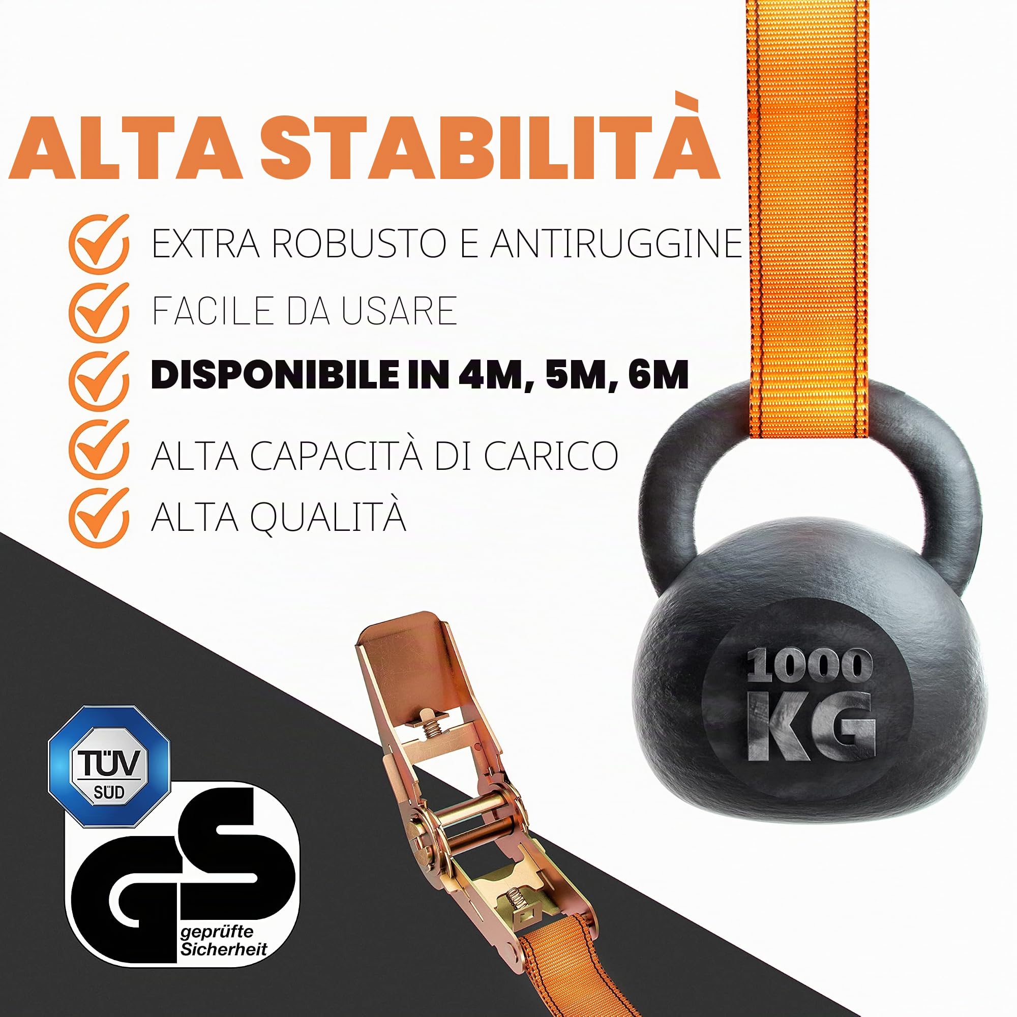 Heldenwerk Confezione da 4 cinghie di tensionamento con cricchetto in a 4M 5M o 6M certificate Tüv/GS doppia cucitura ancoraggio resistenti alle intemperie e