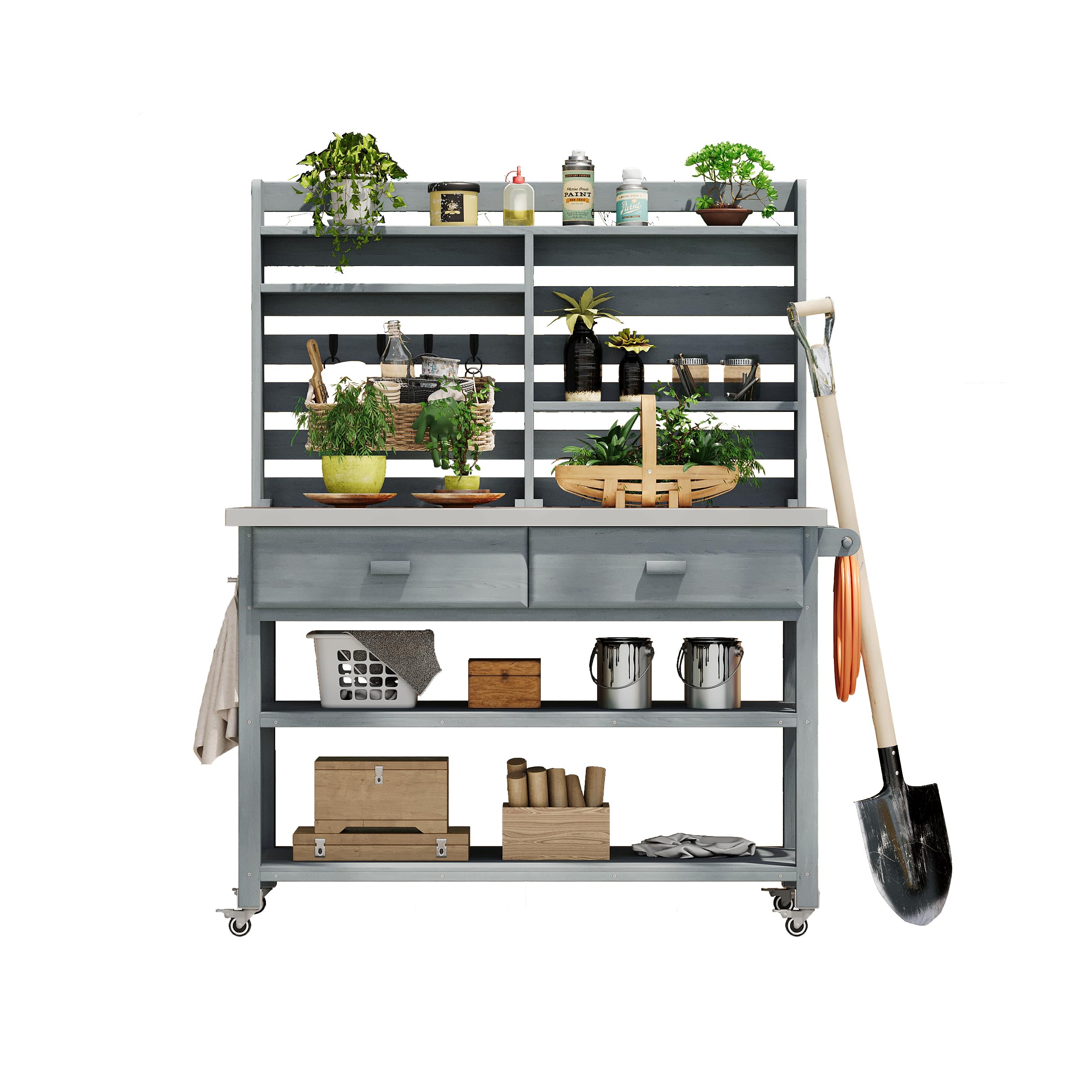 Outdoor Potting Bench With Upper Hutch & Wheels – Solid Wood Garden Table, Stainless Top, Lockable Wheels (Grey Blue)