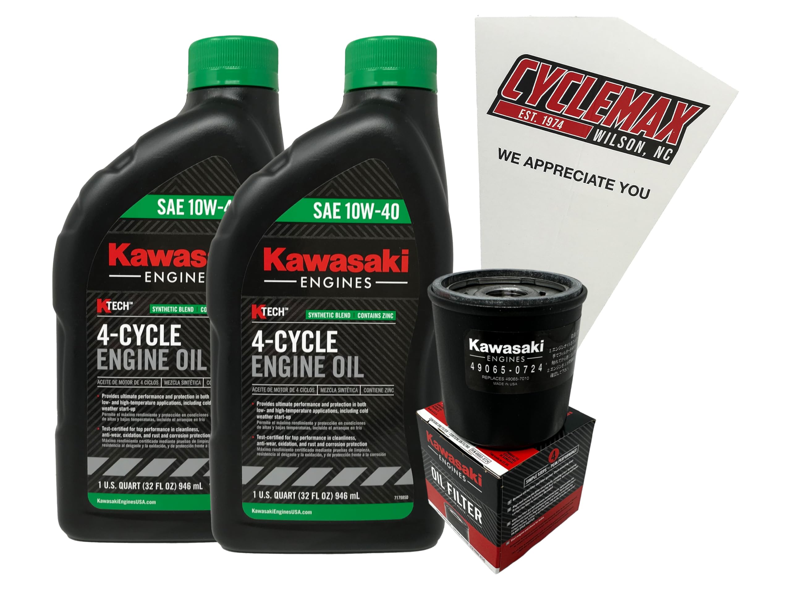 Cyclemax Oil Change Kit compatible with Kawasaki 49065-0734/99969-6296 Engines includes Kawasaki Oil Filter & 2 Quarts Of 4 Cycle 10W40 Oil