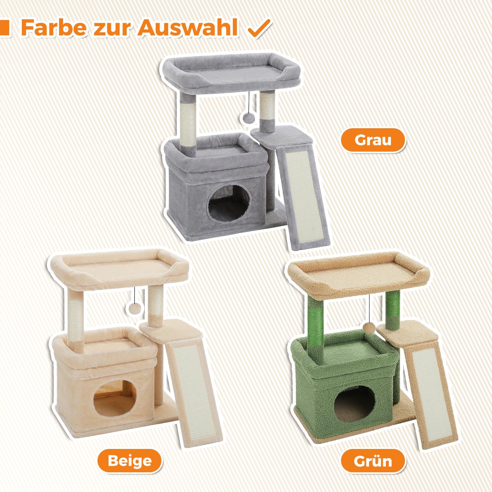 PETEPELA Kleiner Kratzbaum für große ausgewachsene Katzen mit breiter oberer Liegefläche, privater Katzenhöhle und Sisal-Kratzsäule，Kratzpad für Wohnungskatzen,beige