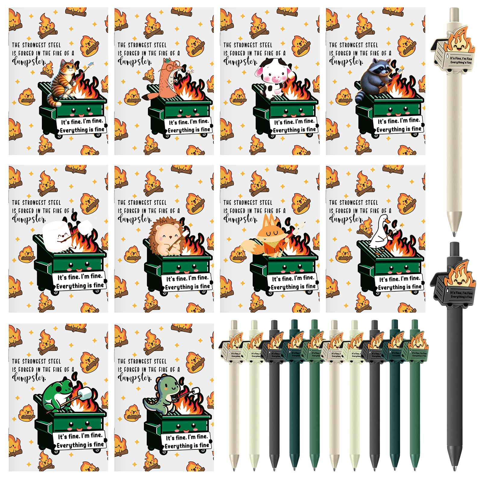 Eaasty 100 Pcs Dumpster Fire Animal Funny Pocket Spiral Notebook Ballpoint Pens Emotional Christmas Support Gifts Bulk for Employee Coworker Team