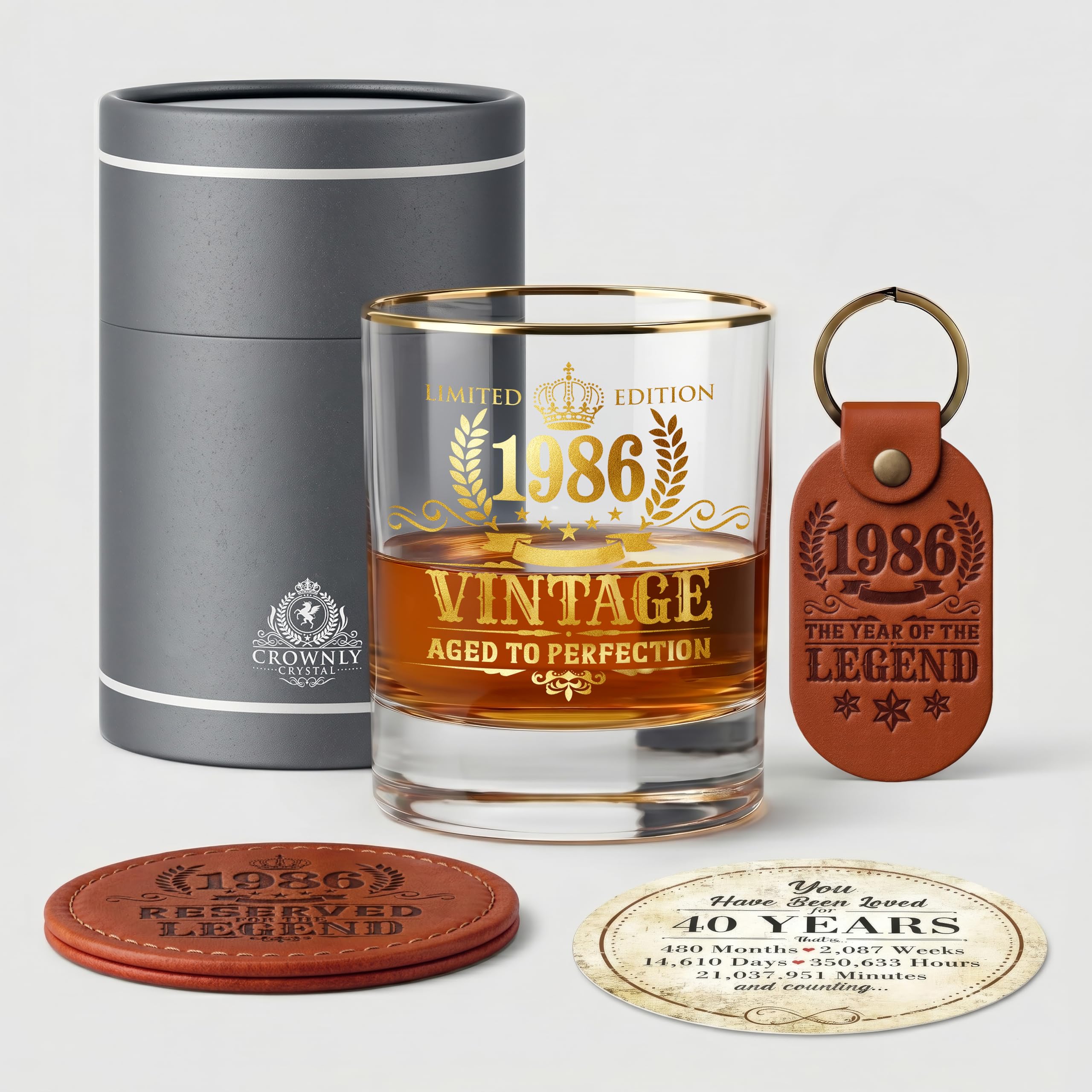 CROWNLY CRYSTALยฎ 1986 40th Birthday Gifts for Men Personalised 40th Birthday Decoration Whiskey Glass Mens Gifts Friend Gift Set Boyfriend Presents