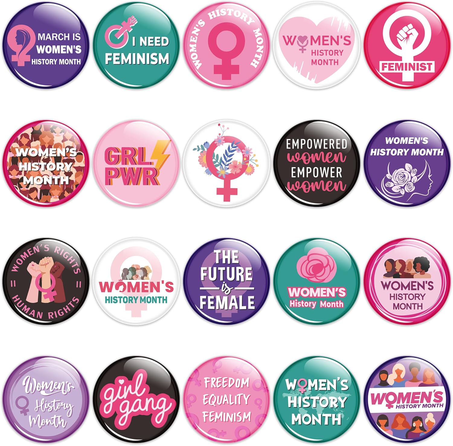 40/100/200Pcs Women's History Month Button Pins - Feminist Round Badge Pinback Girl Power Female Decor for Feminism Support Celebration Activity Party Favor Supplies Clothe Bag Accessories