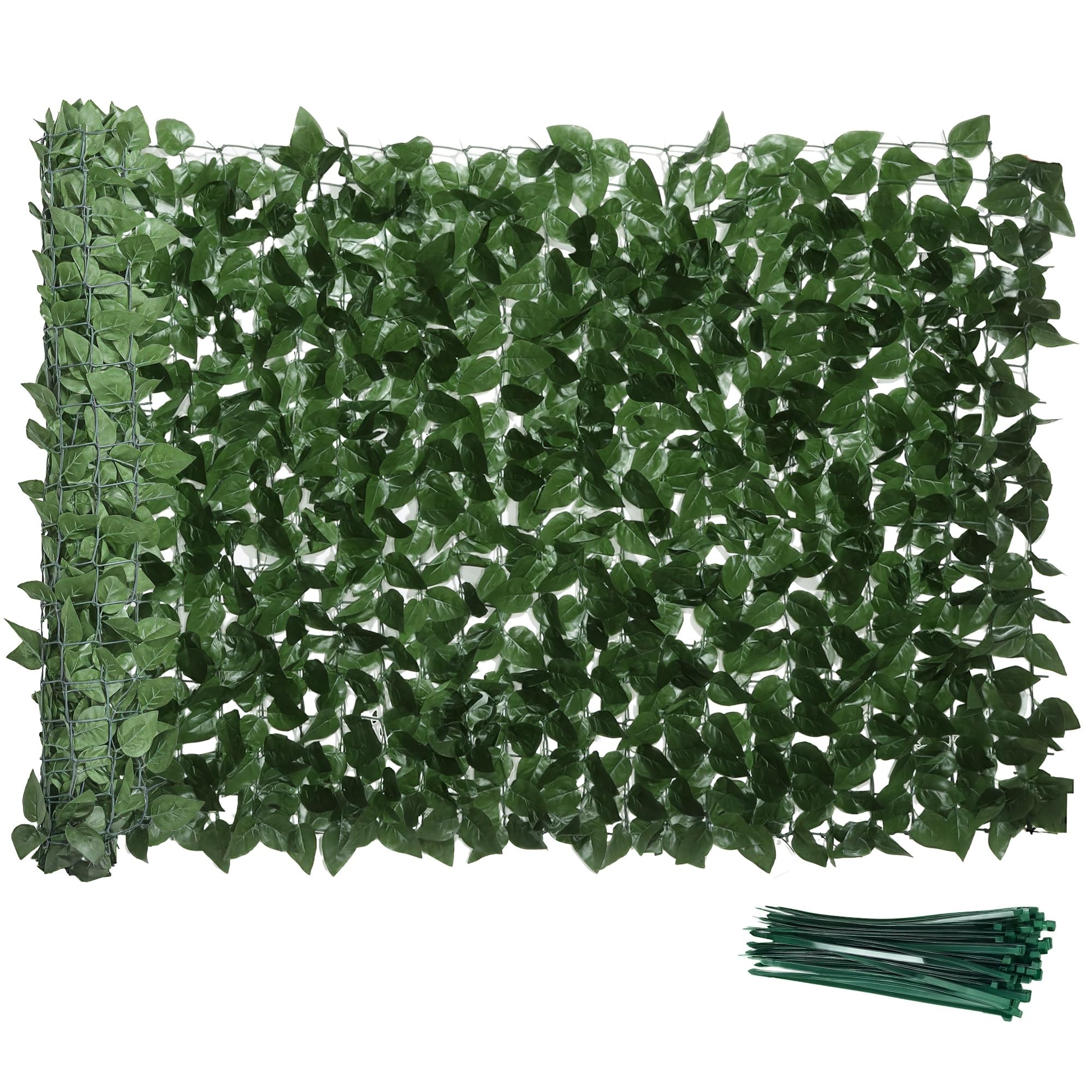 Outsunny Rotolo di Siepe Finta di Faggio in PE 300x100 cm, Verde Scuro | per Balcone e Giardino, Siepe Artificiale da Esterno, Foglie di Edera, Protezione UV