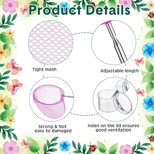 Miniatura 3 de 48 piezas de red de pesca para niños, redes telescópicas de pesca de mariposa con mango de acero inoxidable, red de fundición para niños con 20