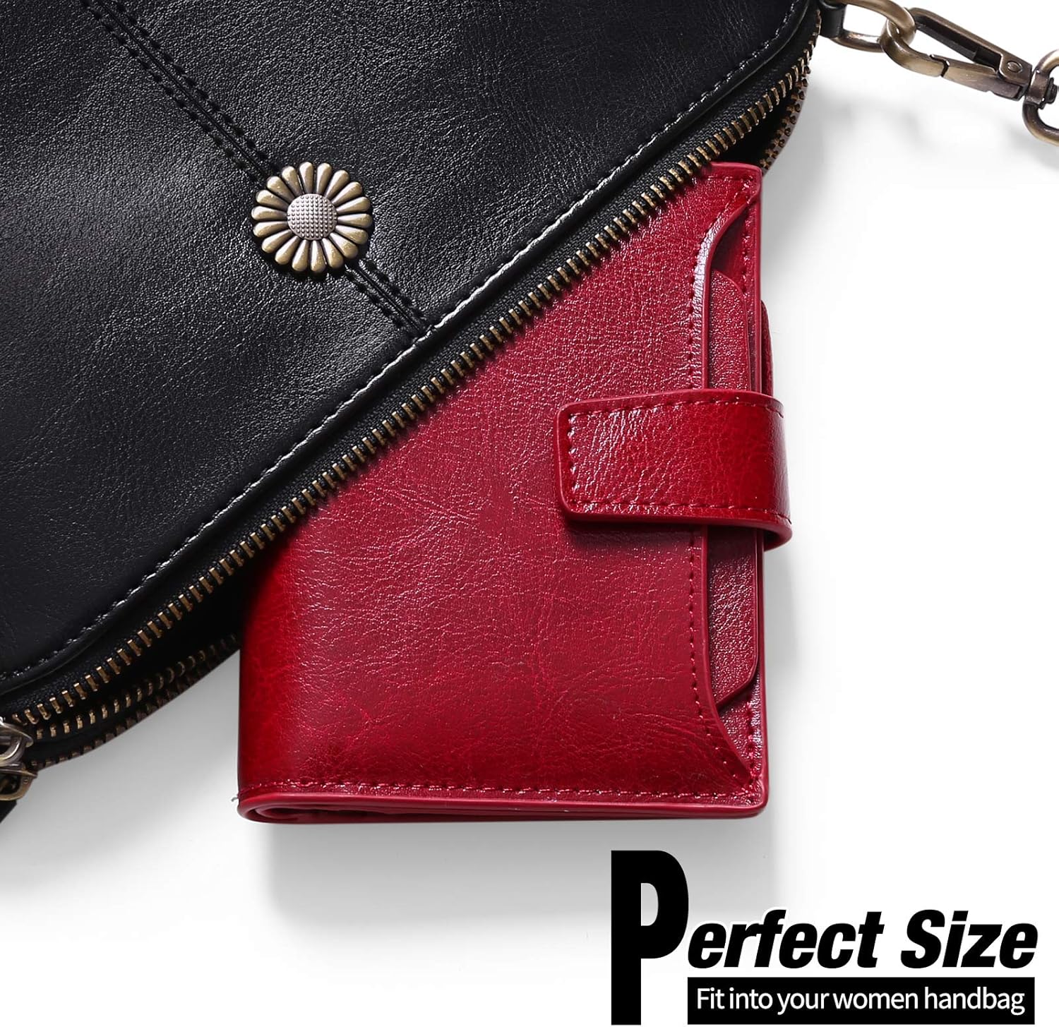 GOIACII RFID Women's Wallet Small Ladies Credit Card Holder Leather with Zipper Pocket 4 ID Windows Wine Wax Red - Image 7