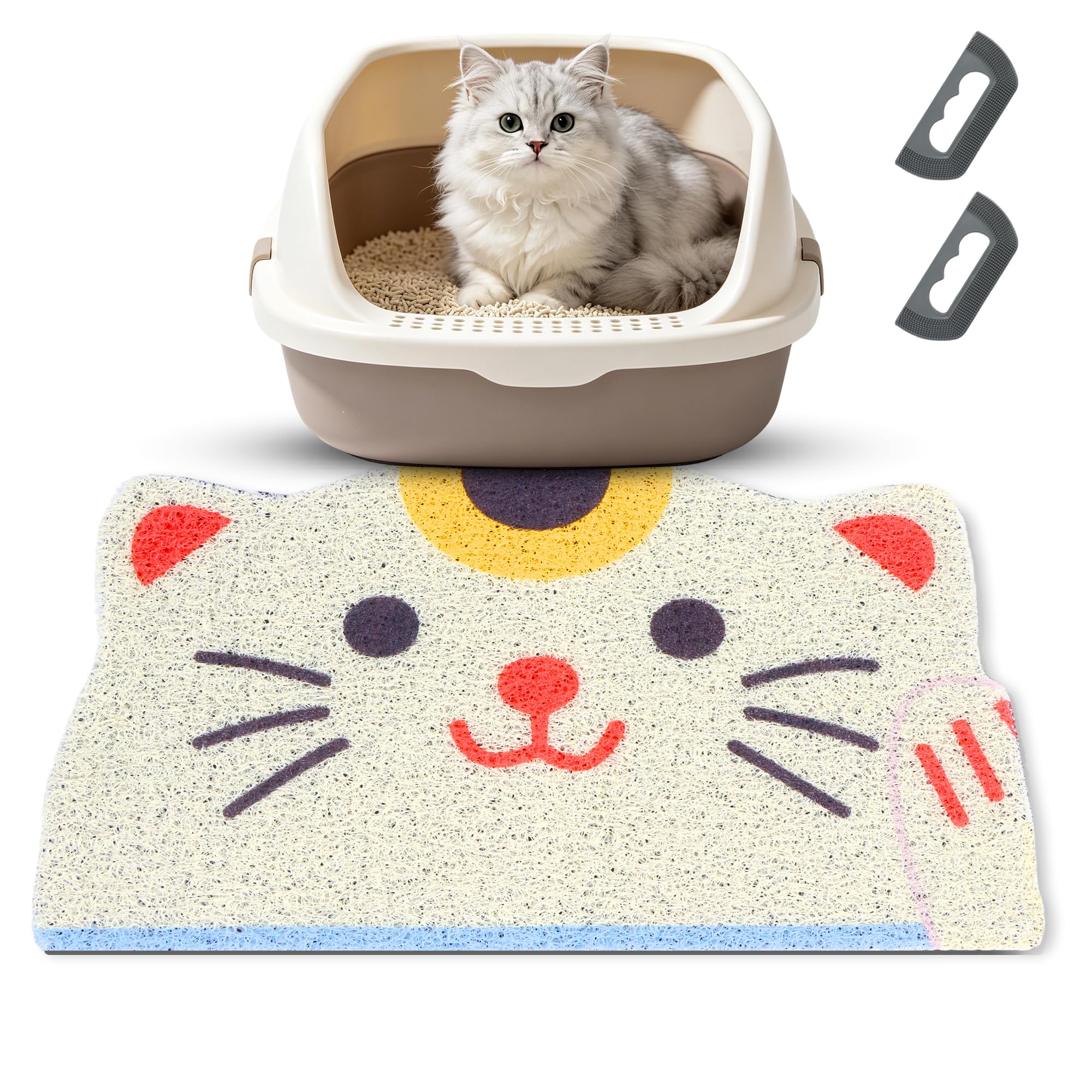 Plliocse Cat Litter Mat with 2 Pcs Pet Hair Remover,PVC Grid Mesh Litter Box Mat,Waterproof Urine Resistant Material,Easy to Clean (Cartoon Cat, 30 x 50cm)