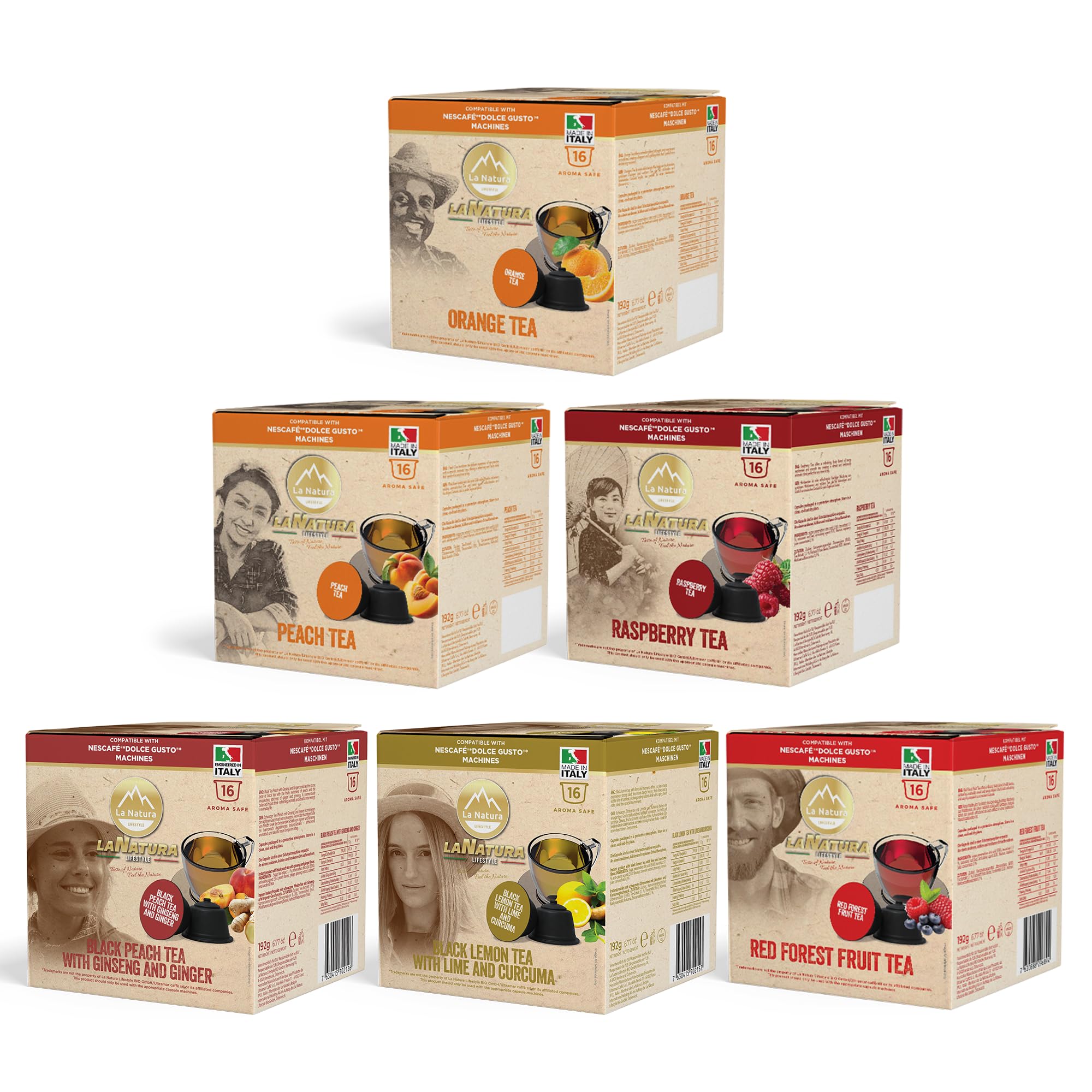 La Natura Lifestyle Teekapseln kompatibel mit Dolce Gusto Kaffeemaschinen – Fruit & Wellness Tea Selection – 96 Tee Kapseln mit 6 Früchtetee-Sorten – Tee Probierset für heißen Tee & Eistee