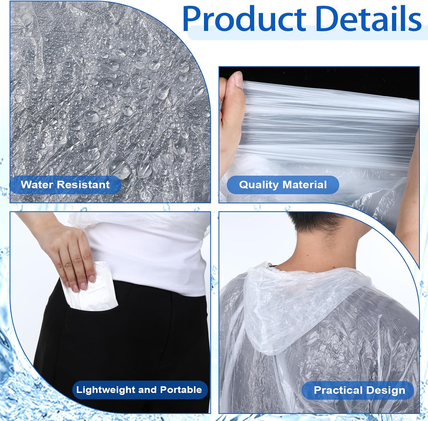 50 Pack Disposable Rain Ponchos with Hood, Emergency Waterproof Raincoat for Adult Raincoats Ponchos Family Pack for Camping Hiking Sport Outdoors Homeless Care (White)