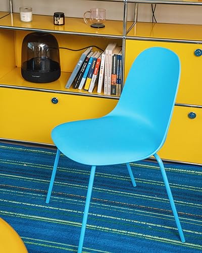 Miniatura 2 de Juego de 4 sillas de comedor apilables de plástico azul, modernas sillas de cocina para interiores y exteriores con patas de metal para patio,