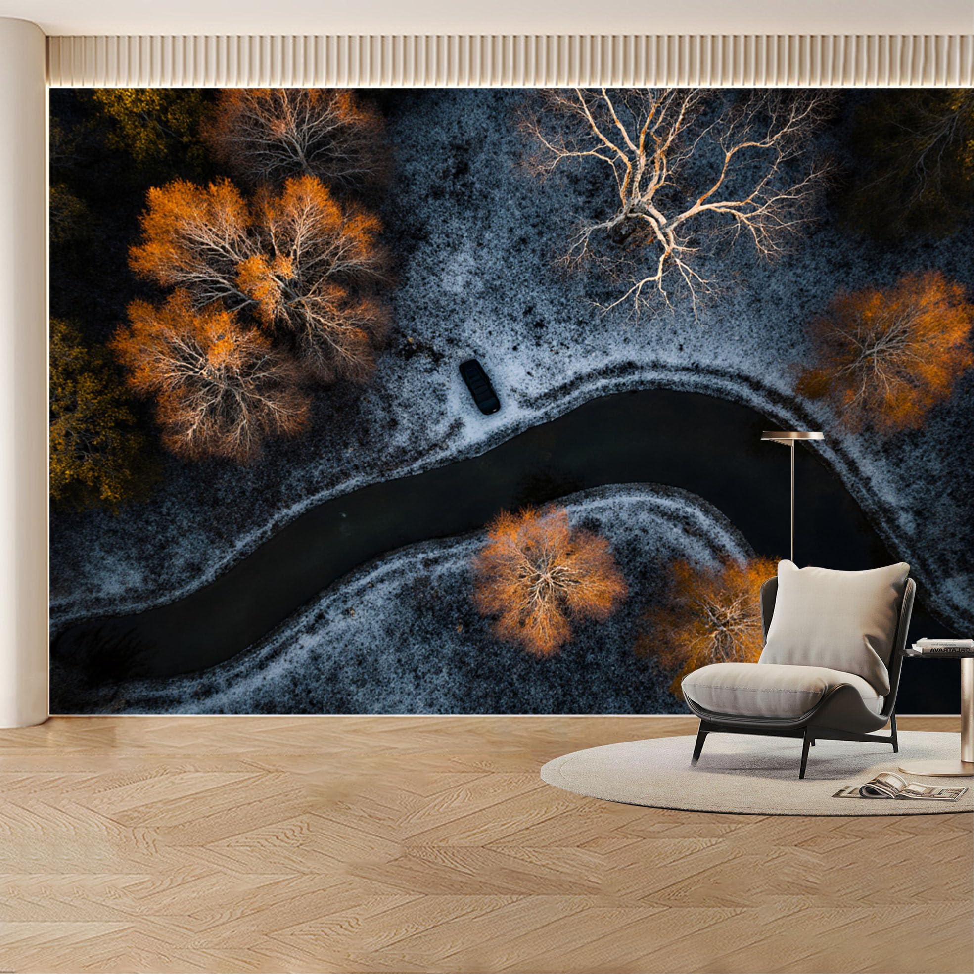 Custom Wall Mural Wallpaper Winter Forest River， Landscape Nature Mural Design Wall Decor， Snowy Seasonal for Living Room， Bedroom， Office