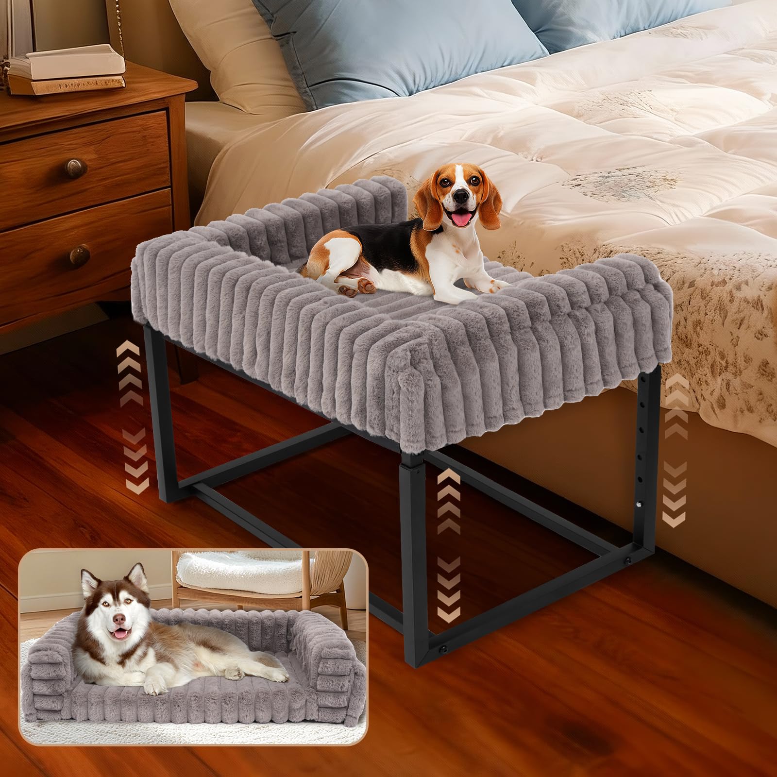 Furggis Beside Dog Bed,Adjustable Height Dog Bunk Beds Metal Dogs Bed Frame with Removable Cushion