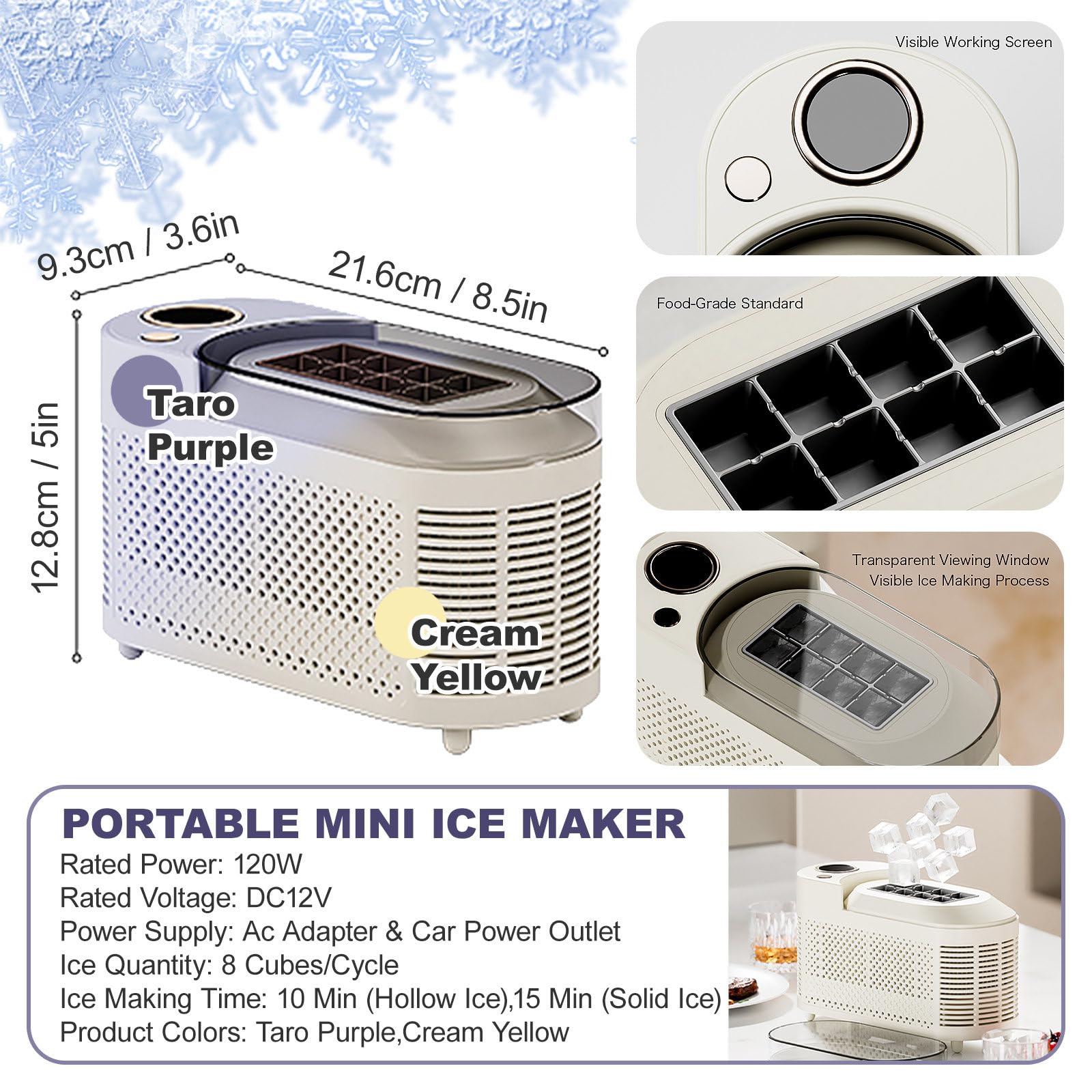 Máquina Hielo para Autocaravana y Camping-Fabricadora de Hielo Portátil Encimera,8 Cubitos por Ciclo,Hielo Rápido 10-15 Min,Adaptador 12V Coche y Corriente AC,para Hogar/Exteriores,Beige