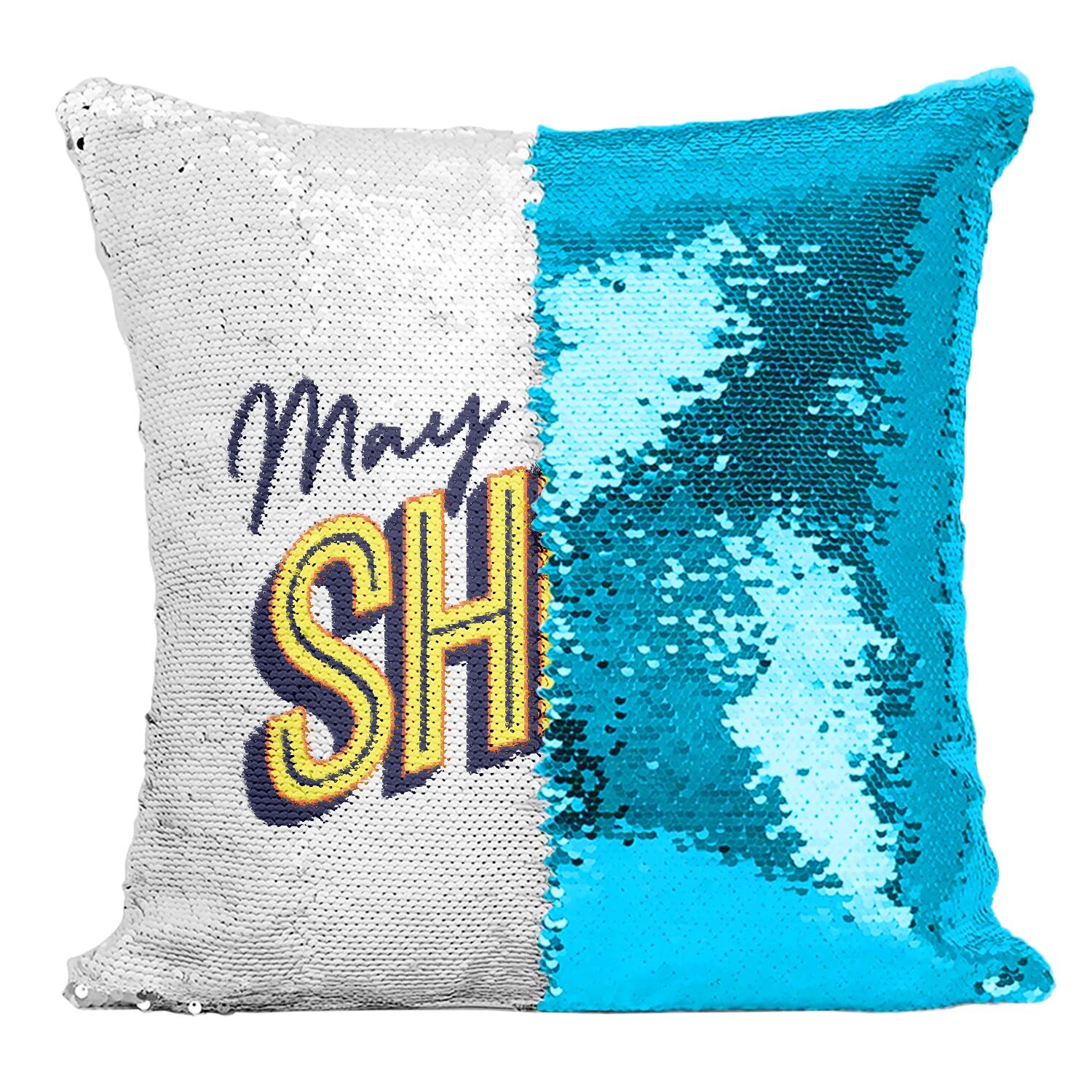 Coussin à message self love turquoise avec paillettes magiques et sequins