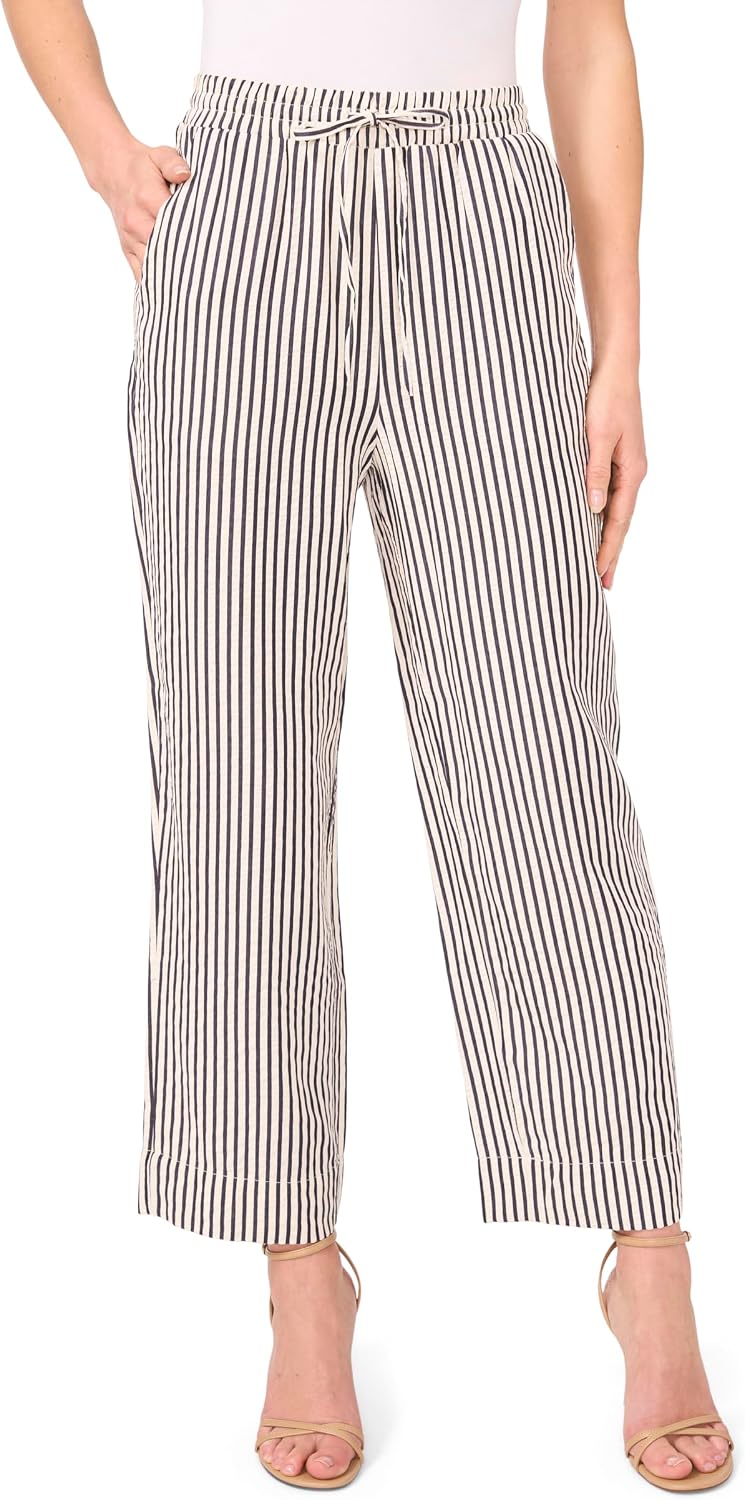 CeCe Women's Striped Straight Leg Pull on Pant