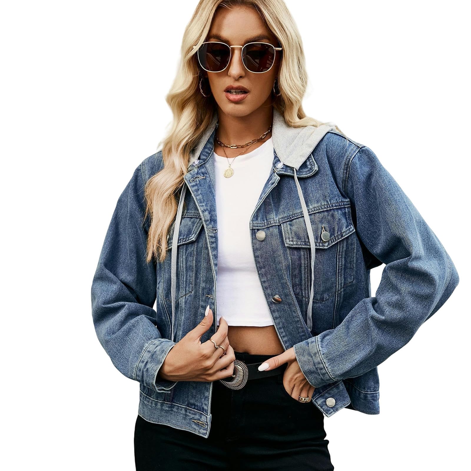 Giacca Jeans Donna Giacca di Denim Femminile, Giacca di Revers A Maniche Lunghe, Giacca di Denim Lavato Corto Top-Cappuccio Blu Rimovibile-L