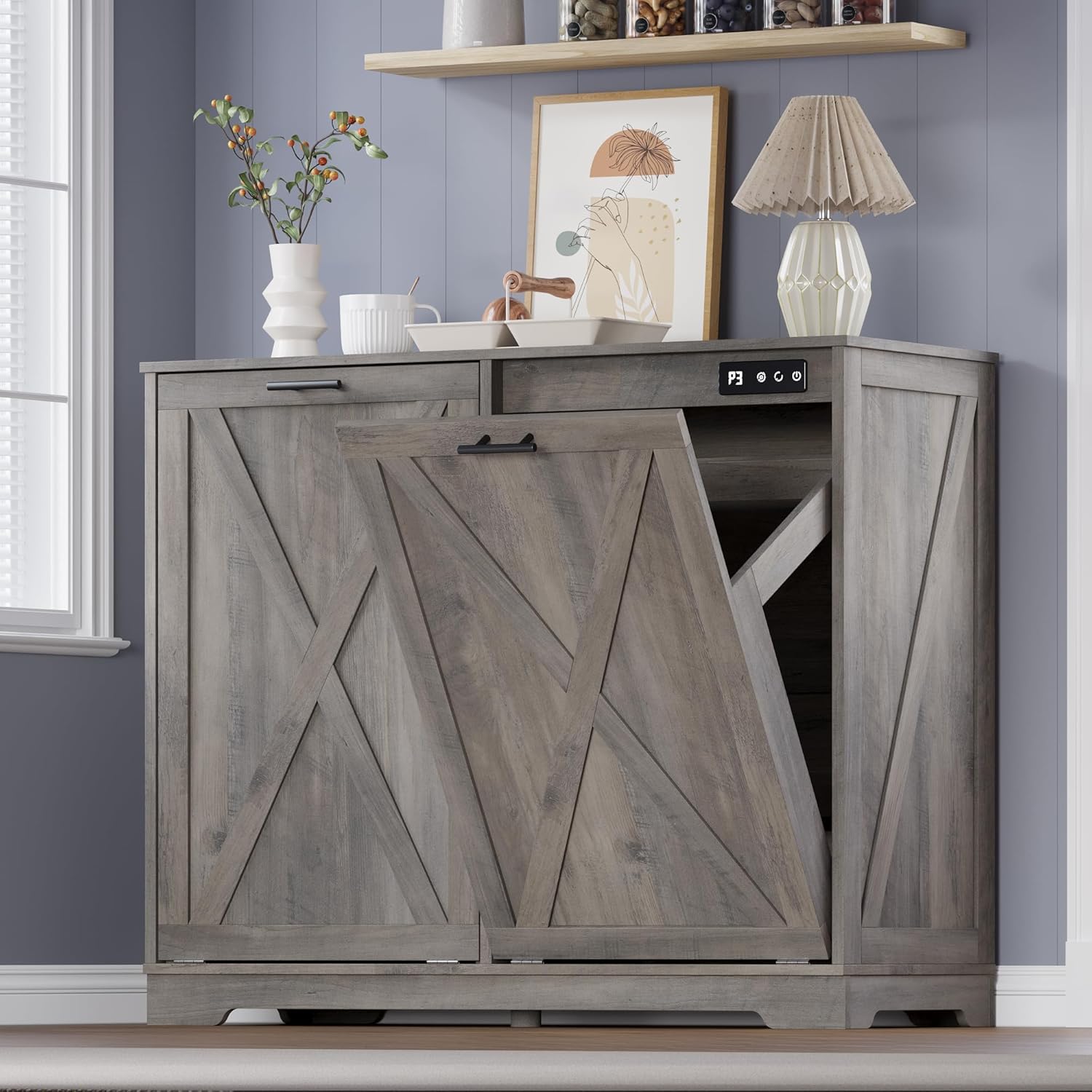 BORNOON Tilt-Out Trash Can Cabinet for 2 Bins - Hidden Recycle Garbage Enclosure with Negative Ion Ozone Odor Control, Wooden Kitchen Laundry Cabinet