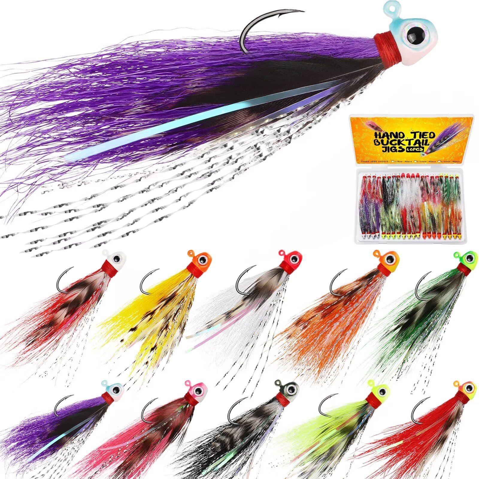 Dovesun Crappie Jigs, 40pcs Hand-Tied Hair Jigs 10 Colors Fishing Jigs 1/32oz 1/16oz 1/8oz Bucktail Crappie Jig Heads for Trout, Walleye and Panfish