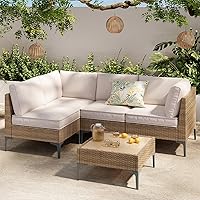Beige 5-Piece Outdoor Wicker Sectional Sofa Set with Coffee Table, High-Leg Design, Thick All-Weather Anti-Slip Cushions for Patio Garden Backyard
