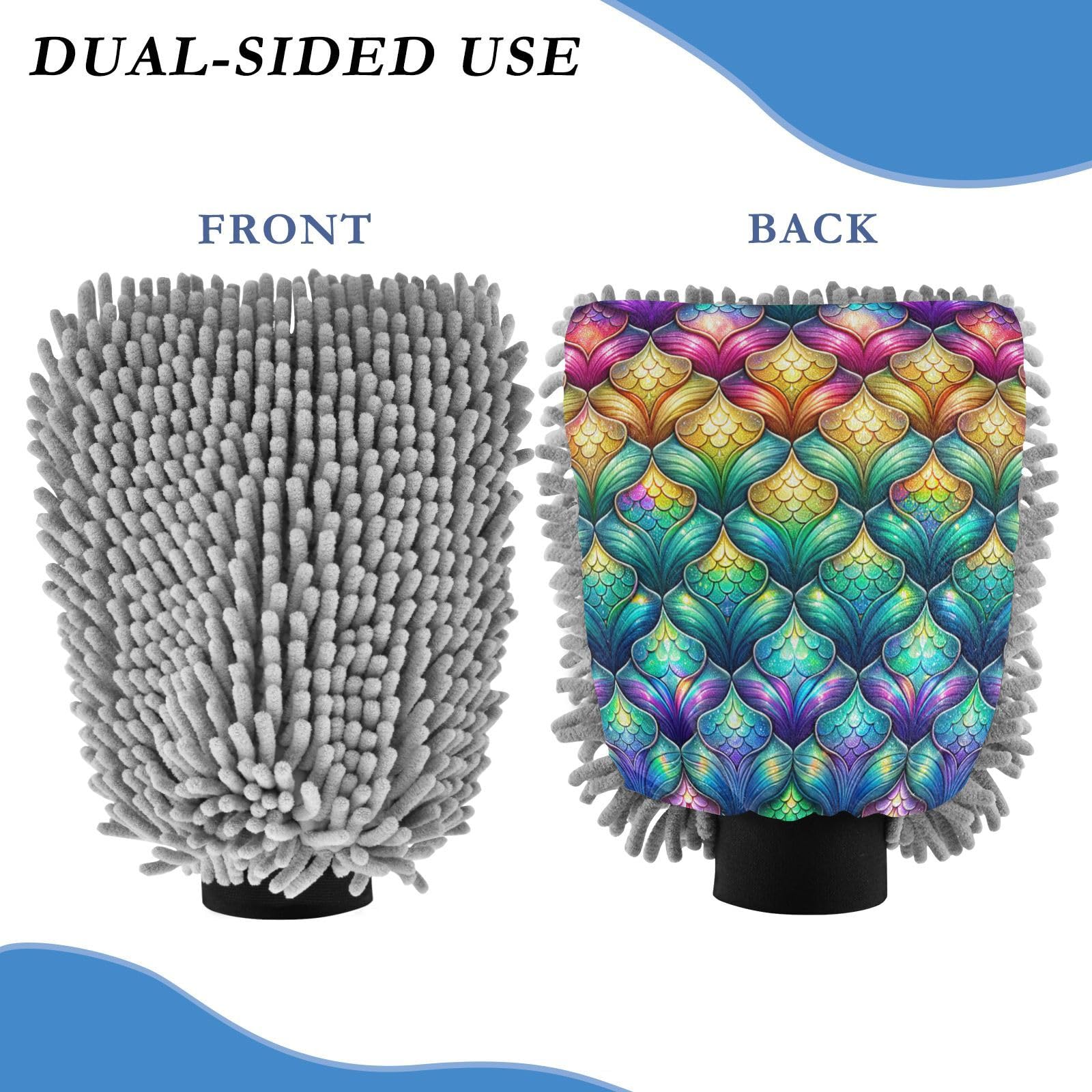 ALAZA Rainbow Mermaid Scale Colorful Car Wash Mitt Scratch Free, 2 Pack Absorbent Microfiber/Chenille Washing & Drying Mitts, M