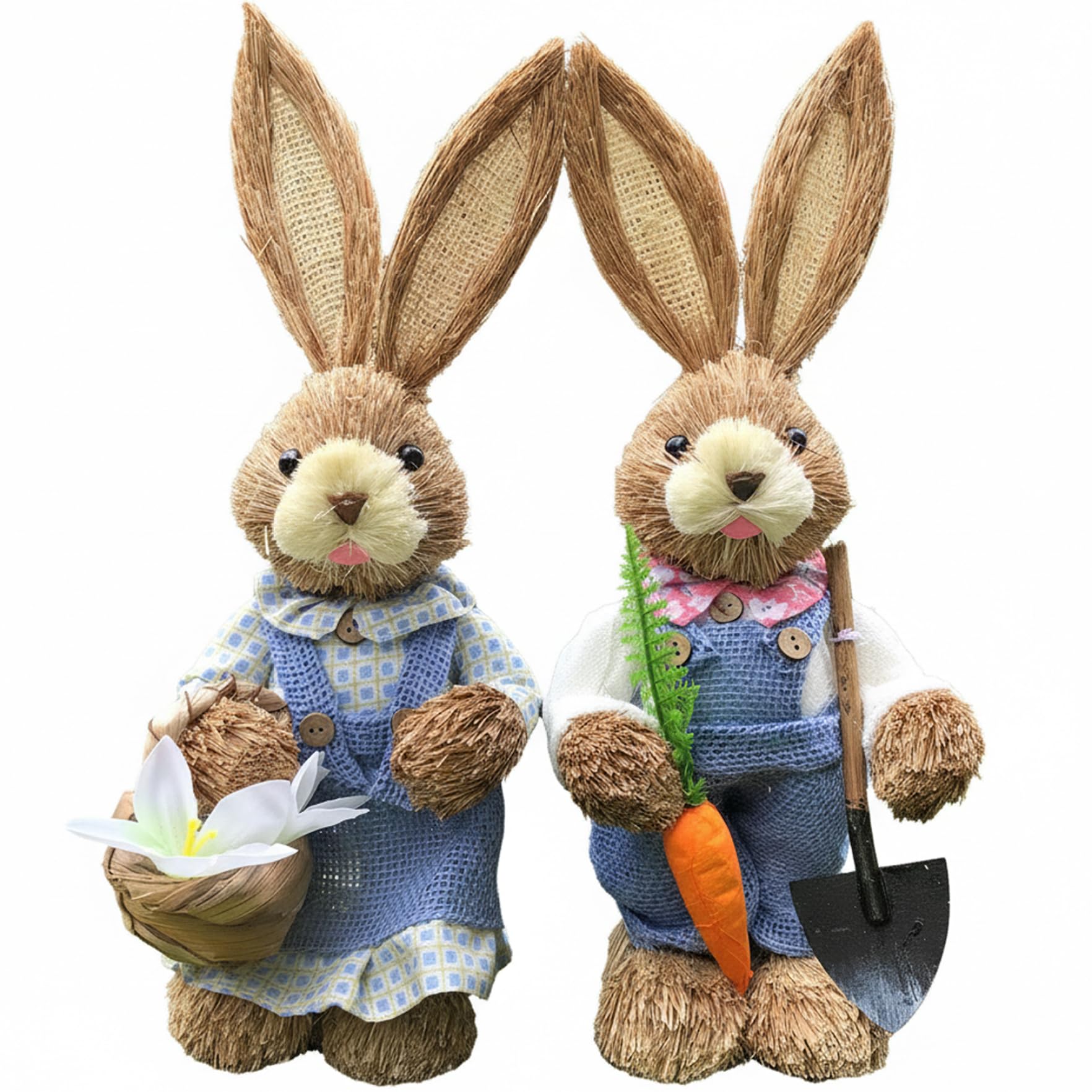 Figurines de lapins de Pâques bleu en paille tressée main 35cm lot de 2 décorations table