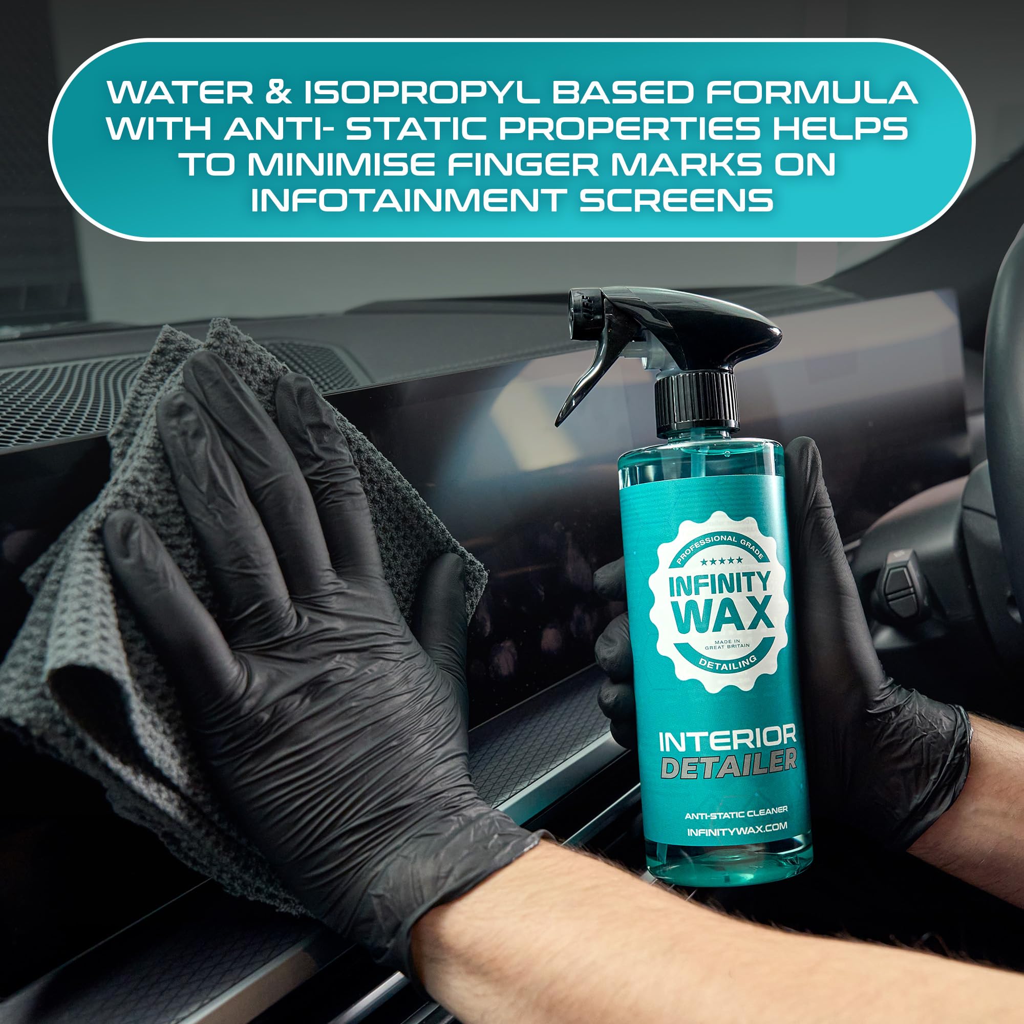 Infinity Wax Interior Detailer 5L – antistatischer Reiniger für Leder, Alcantara, Kunststoff & Bildschirme. Mattes Finish, Zitronen-Limetten-Duft, einfaches Spray für Auto-Innenräume.
