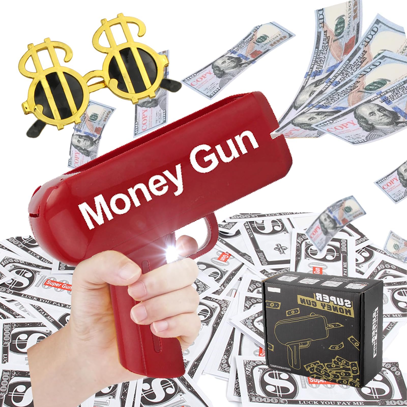 Handheld Money Gun Shooter Toy with Props & Sunglasses - Ultimate Fake Bill Blaster for Making It Rain at Parties, Events, Birthdays - Fun Money Dispenser for Kids & Adults (Red/Gold)