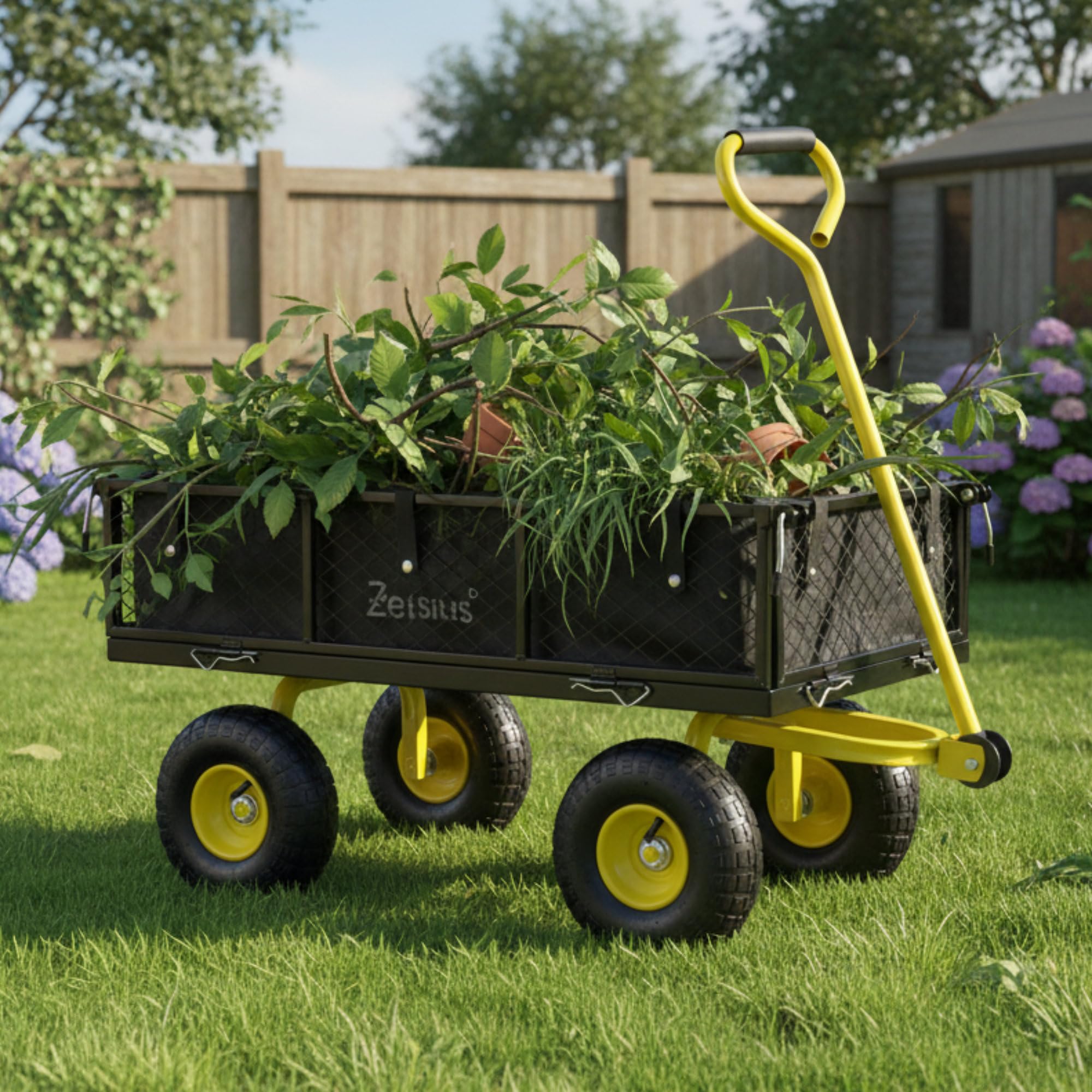 Zelsius Chariot de jardin, capacité de charge de 350 kg, 75 l, noir/jaune, chariot de jardin, chariot de jardin, chariot à main, chariot de transport pliable, pour le jardinage