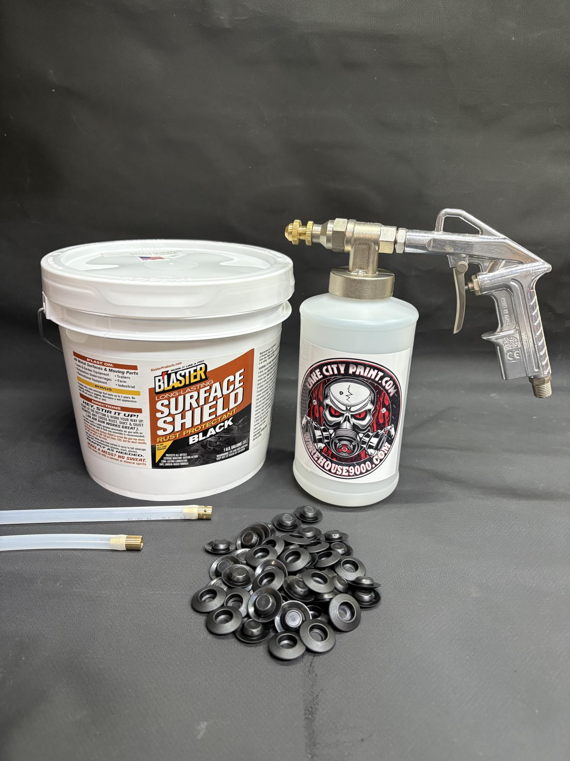 Gallon Black PB Blaster Surface Shield, Pro Undercoating Spray Gun, 2 Wands, 1 Quart Bottle, and 50 Rust Plugs