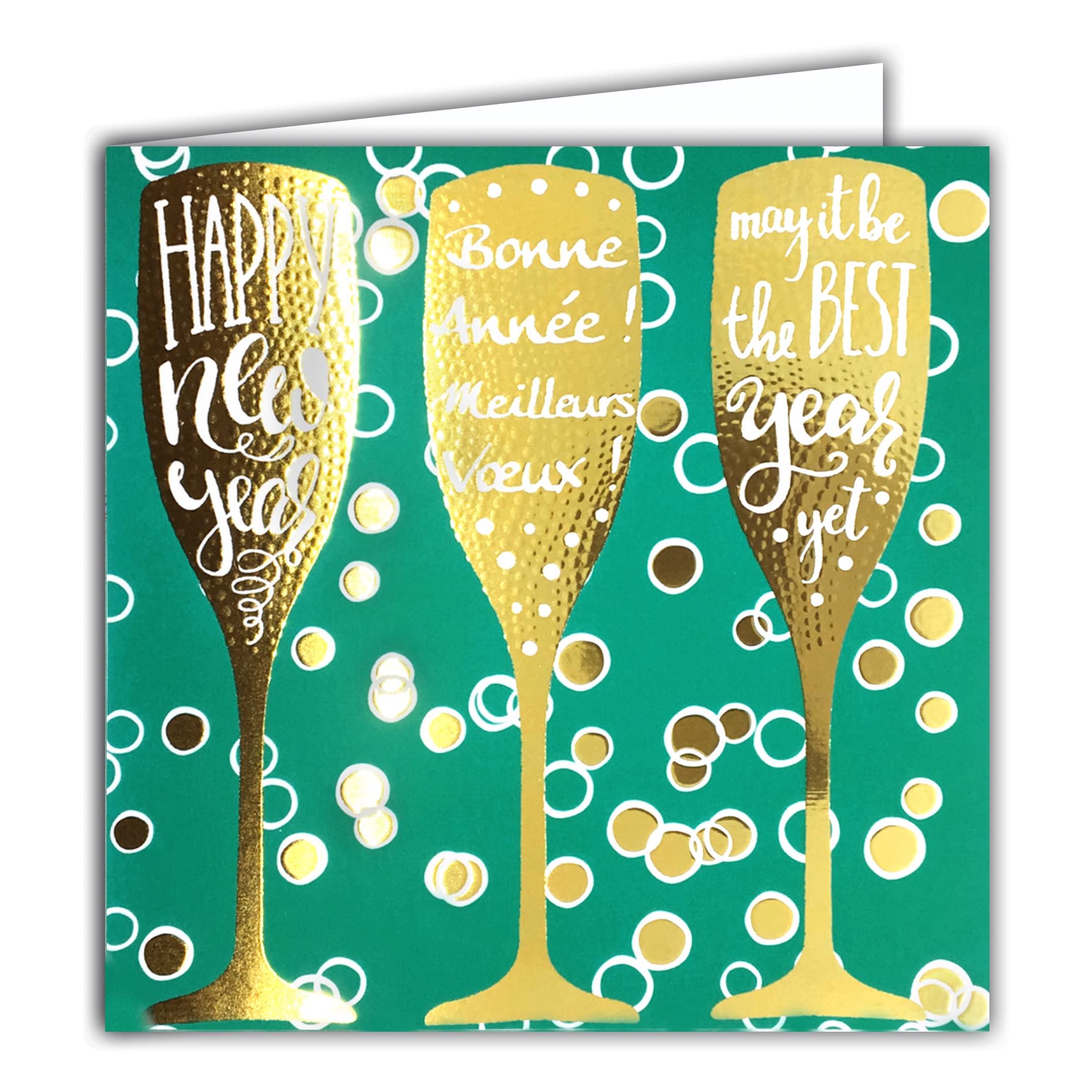 Afie 23041 Square Happy New Year Best Greetings Card 3 Flutes Bubbles Happy New Year May It Be The Best Year Yet With White Envelope