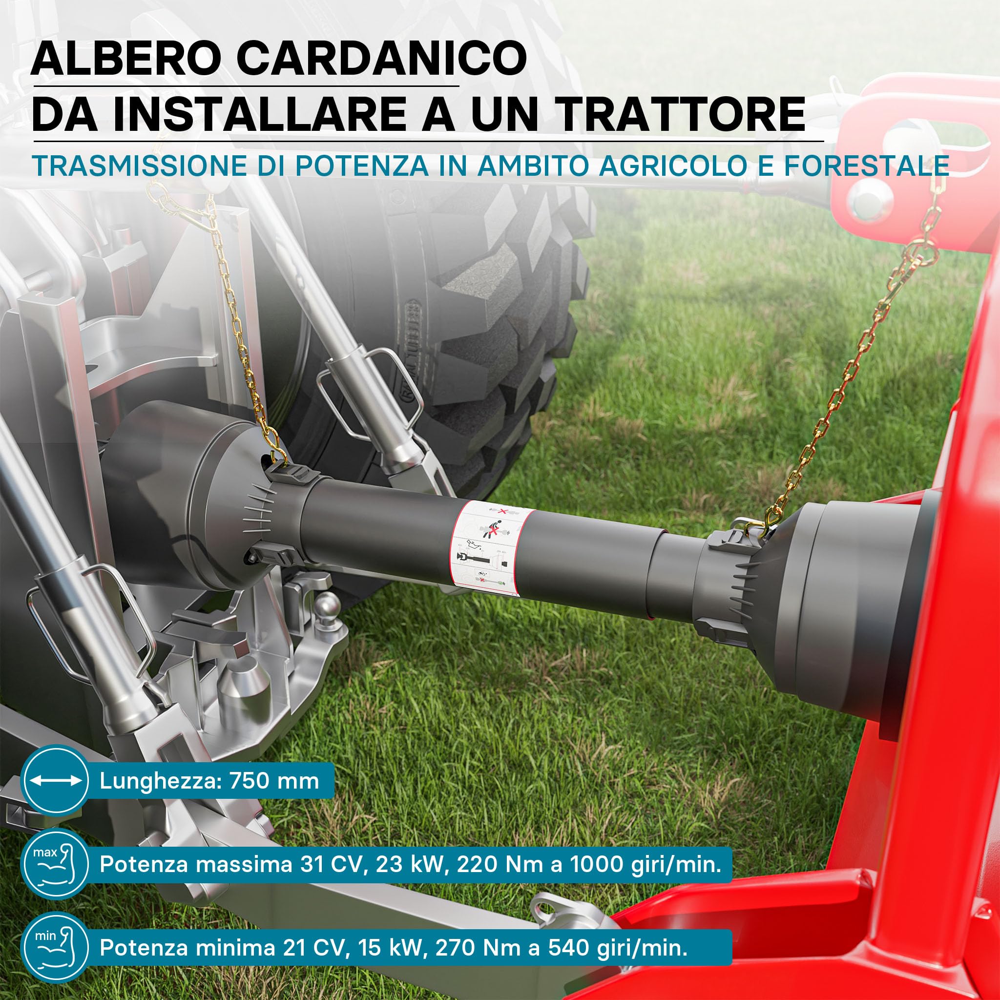 Wiltec Albero cardanico T2 Giunto cardanico 750mm 270Nm 540rpm Cardano 23kW (31CV) 2X 1 3/8" 6 Denti